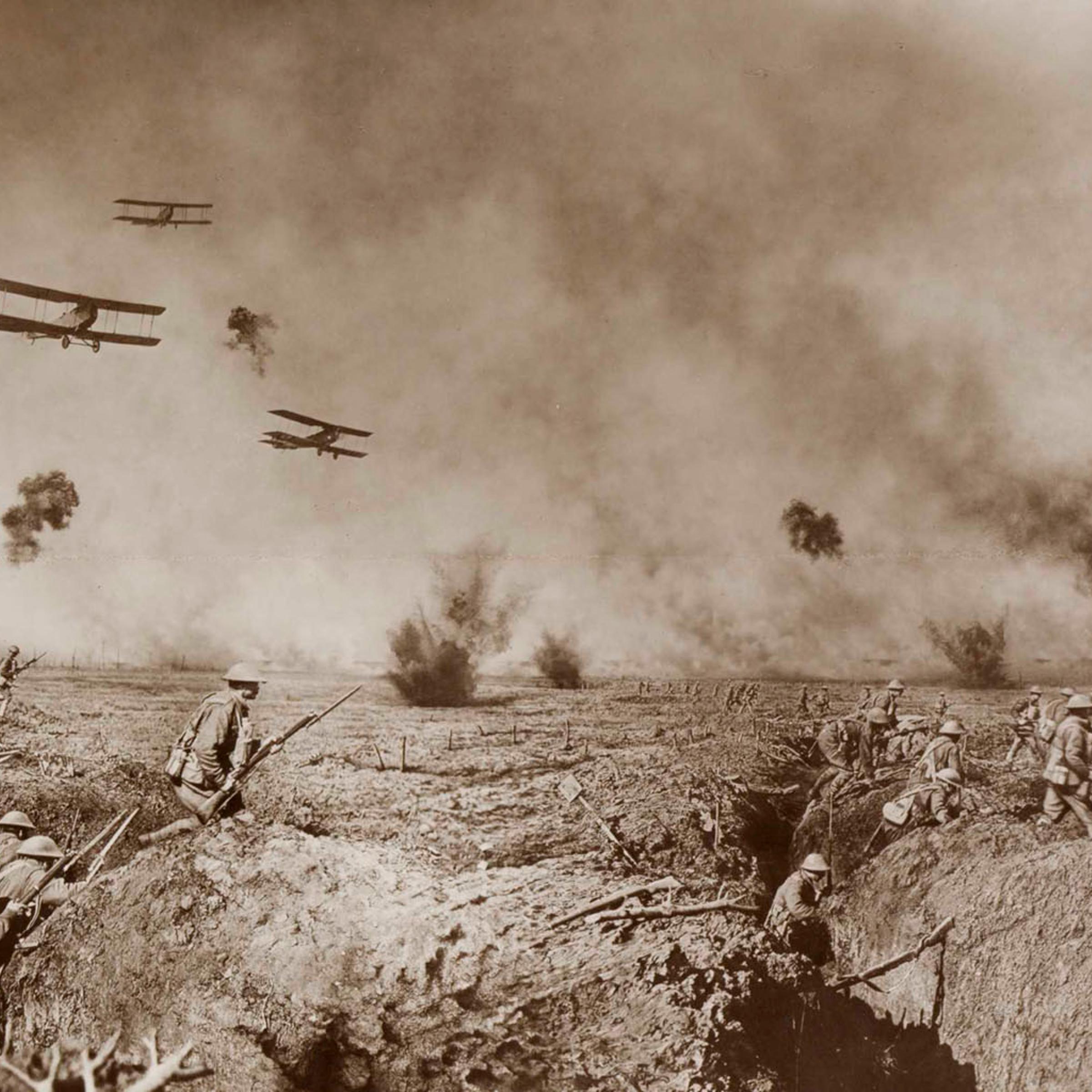 <i>An episode after the Battle of Zonnebeke. Australian Infantry moving forward to resist a counter attack. On the extreme right a machine brought down in flames is burning fiercely. Our advance is supported by bombing planes, whilst the enemy is supporting his attack with a heavy barrage.
</br>
c. 1918 </i></br>
James Frank Hurley, Australian, 1885–1962