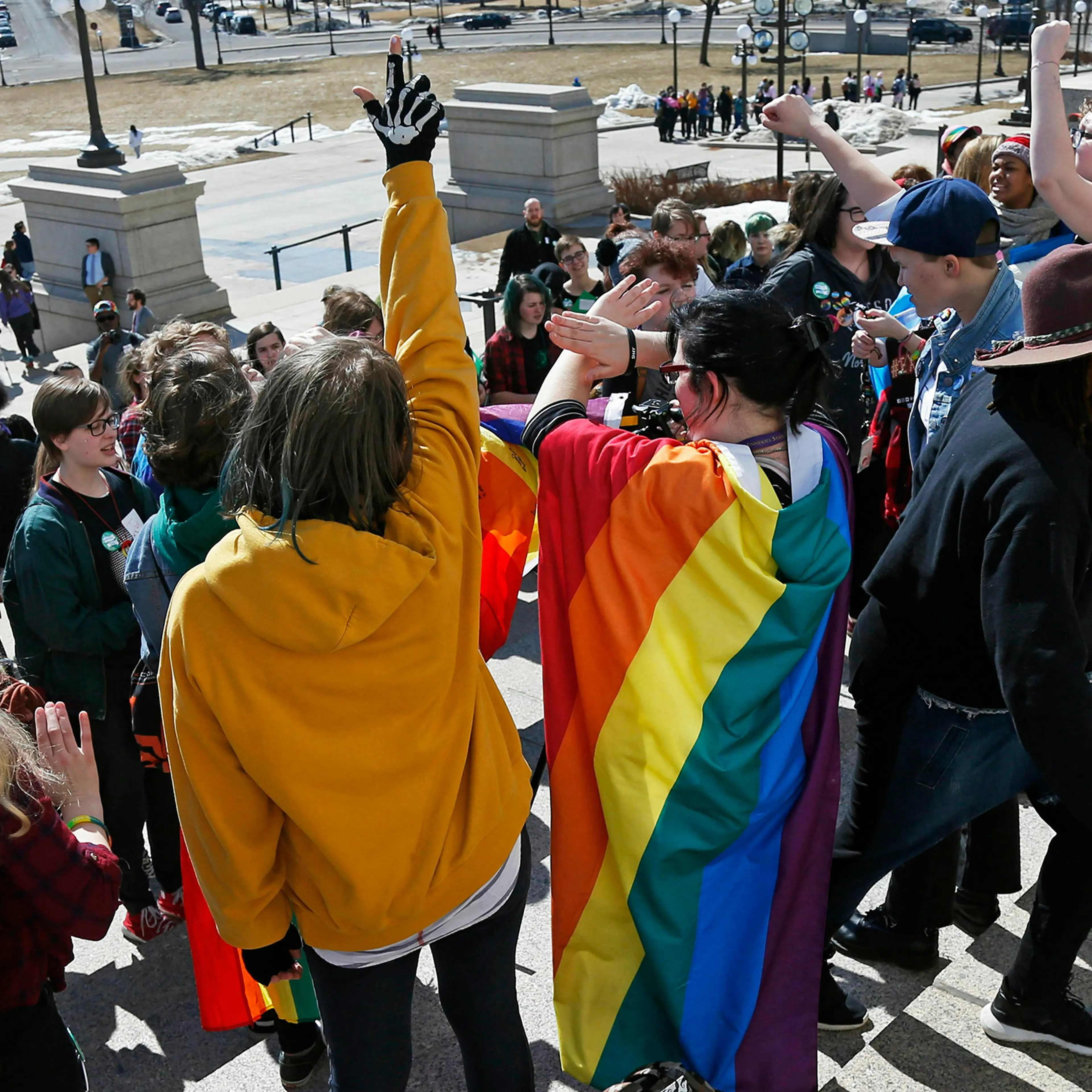 High school students rally at the Minnesota State Capitol in St. Paul, Minn., urging lawmakers to protect LGBTQ Minnesotans and youth from the effects of conversion therapy, on March 21, 2019.
