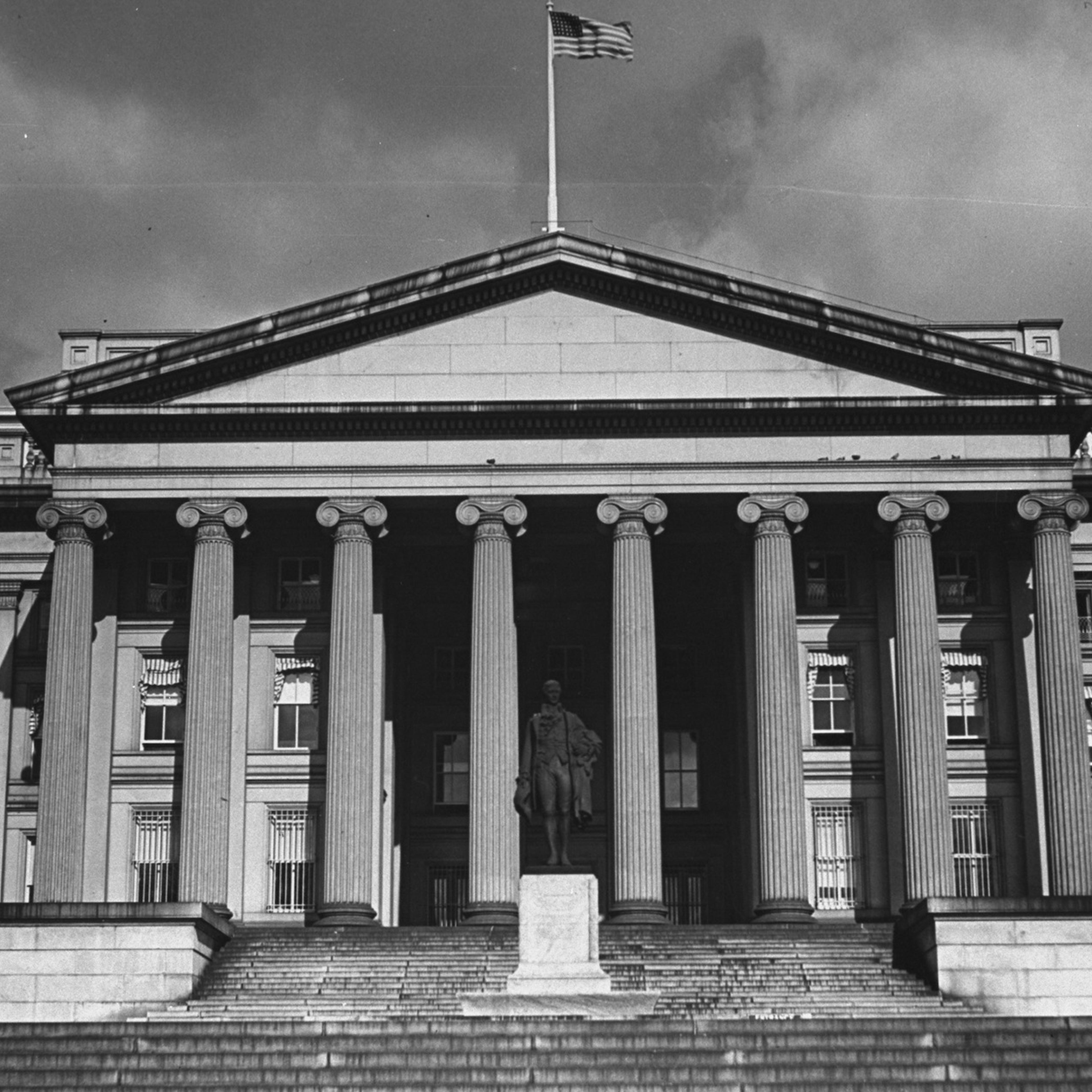 Exterior of the US Treasury building. (