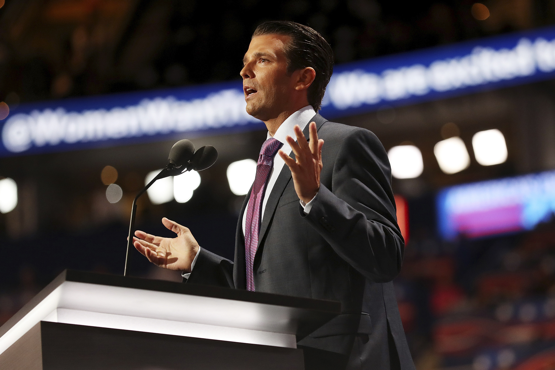 Donald Trump Jr. delivers a speech on the second day of the Republican National Convention on July 19, 2016 at the Quicken Loans Arena in Cleveland, Ohio. Republican presidential candidate Donald Trump received the number of votes needed to secure the pa