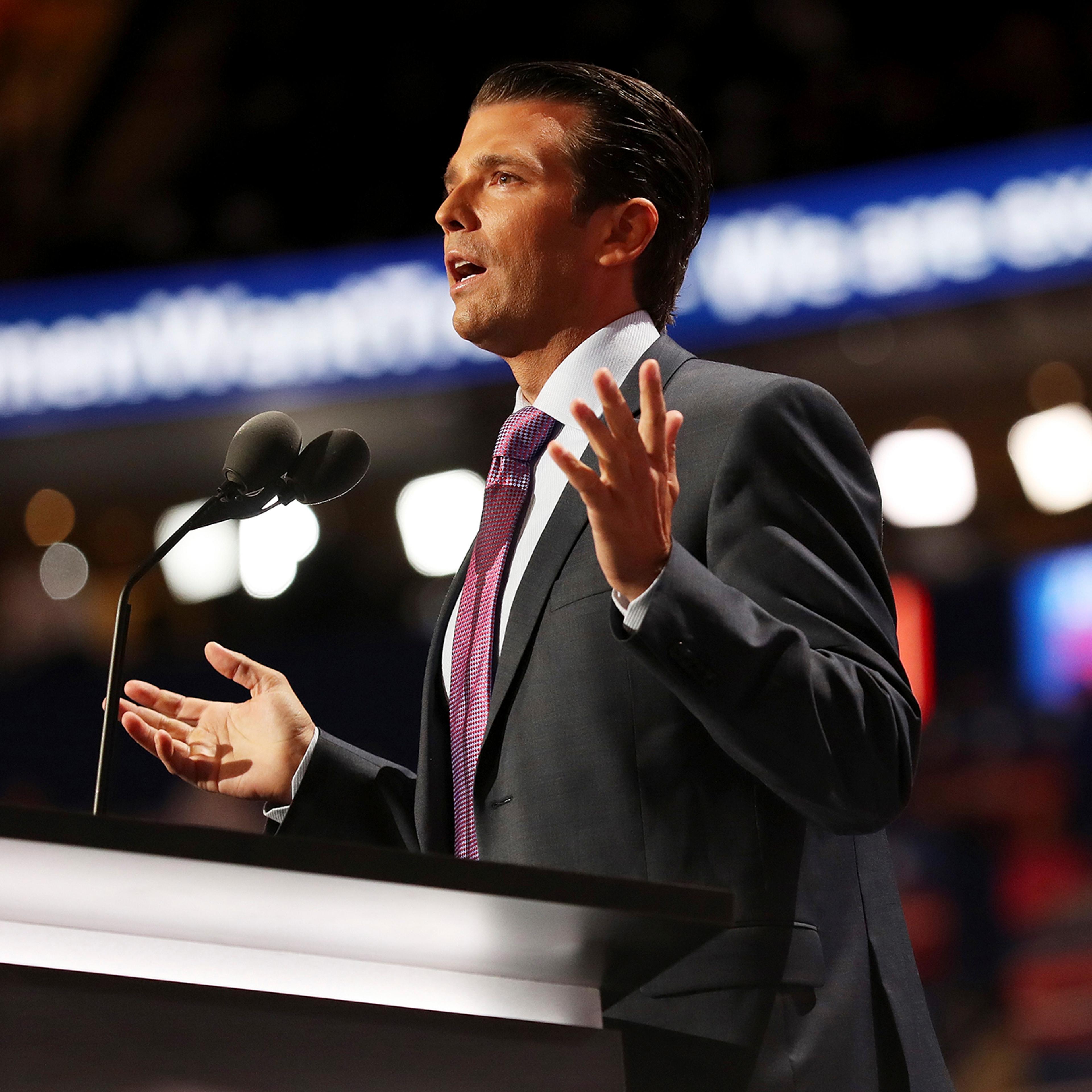 Donald Trump Jr. delivers a speech on the second day of the Republican National Convention on July 19, 2016 at the Quicken Loans Arena in Cleveland, Ohio. Republican presidential candidate Donald Trump received the number of votes needed to secure the pa