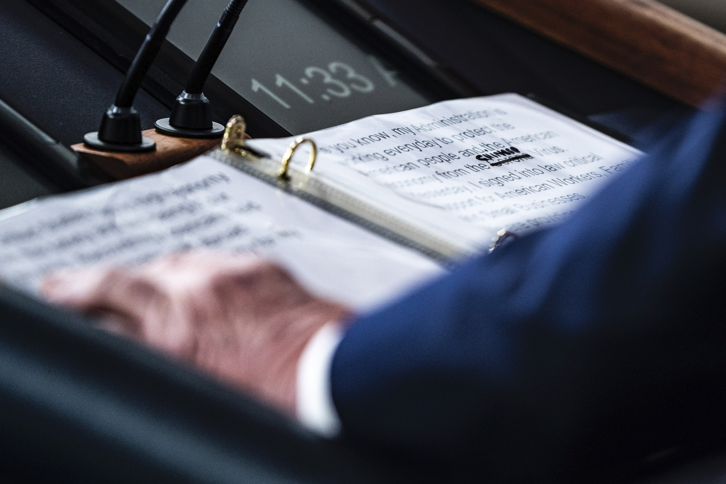 A close-up of President Trump's notes shows where "Corona" was replaced with "Chinese" Virus as he speaks at the White House on March 19, 2020.