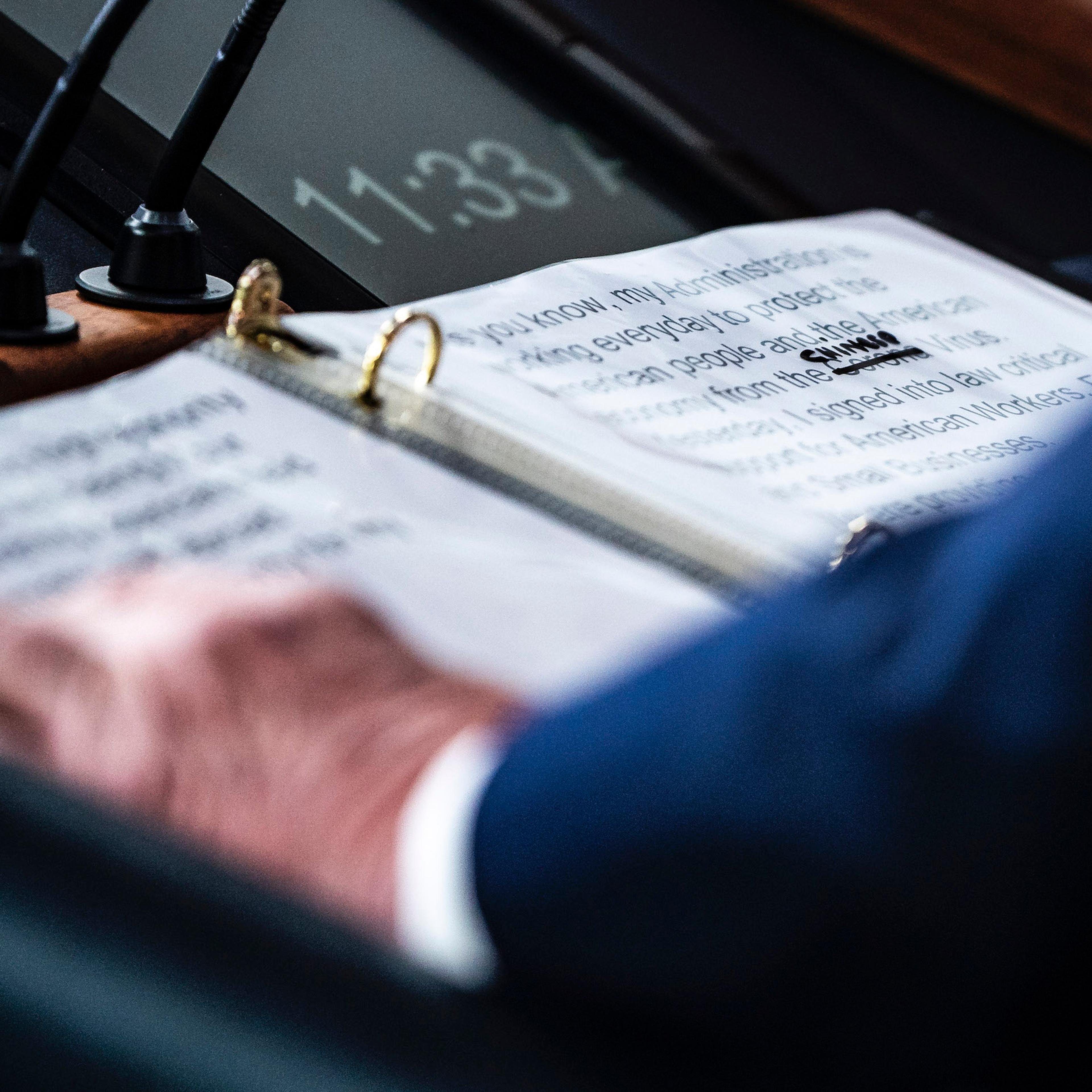 A close-up of President Trump's notes shows where "Corona" was replaced with "Chinese" Virus as he speaks at the White House on March 19, 2020.