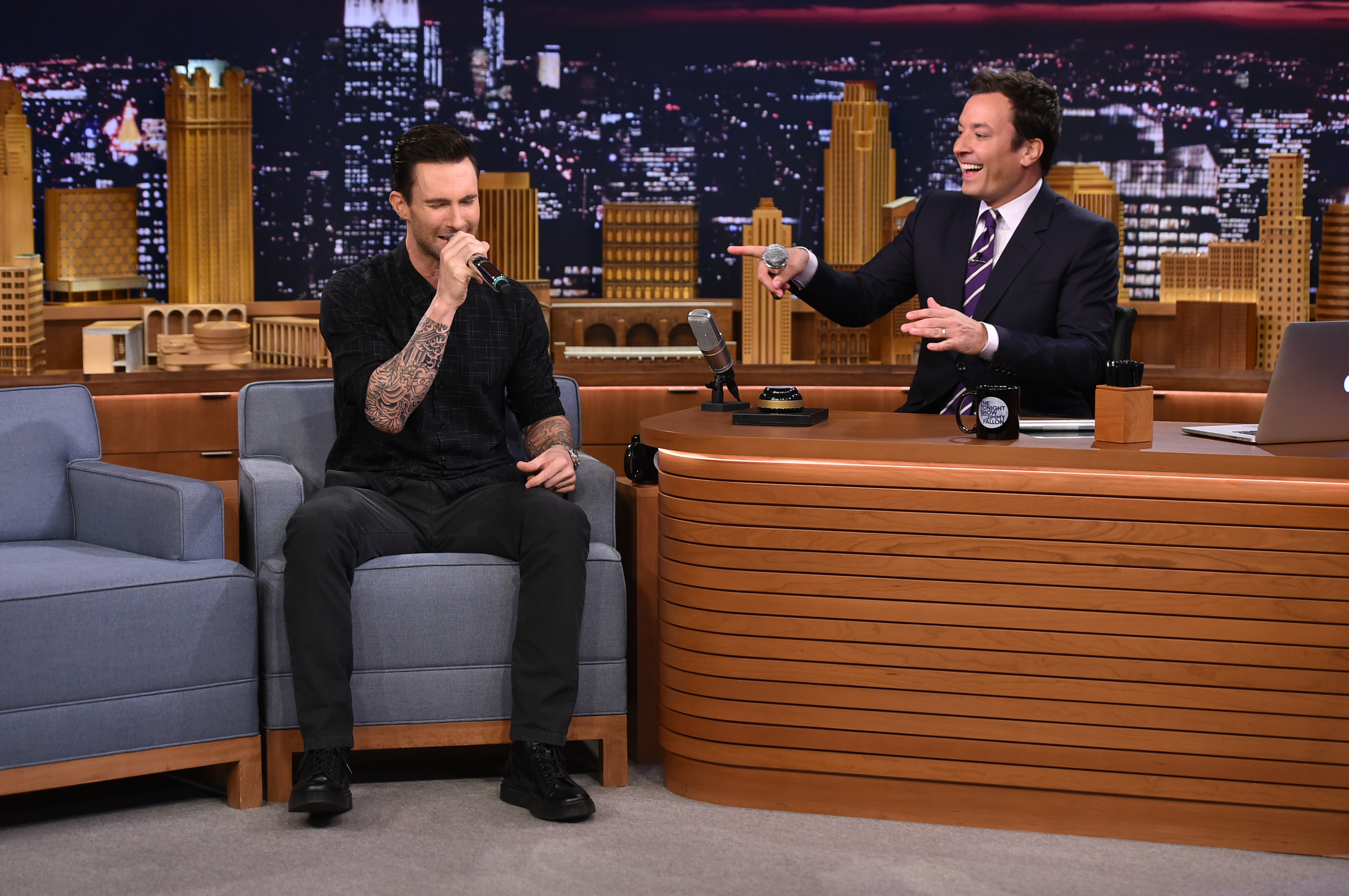 From left: Adam Levine during an interview with host Jimmy Fallon on Sept. 2, 2014 .