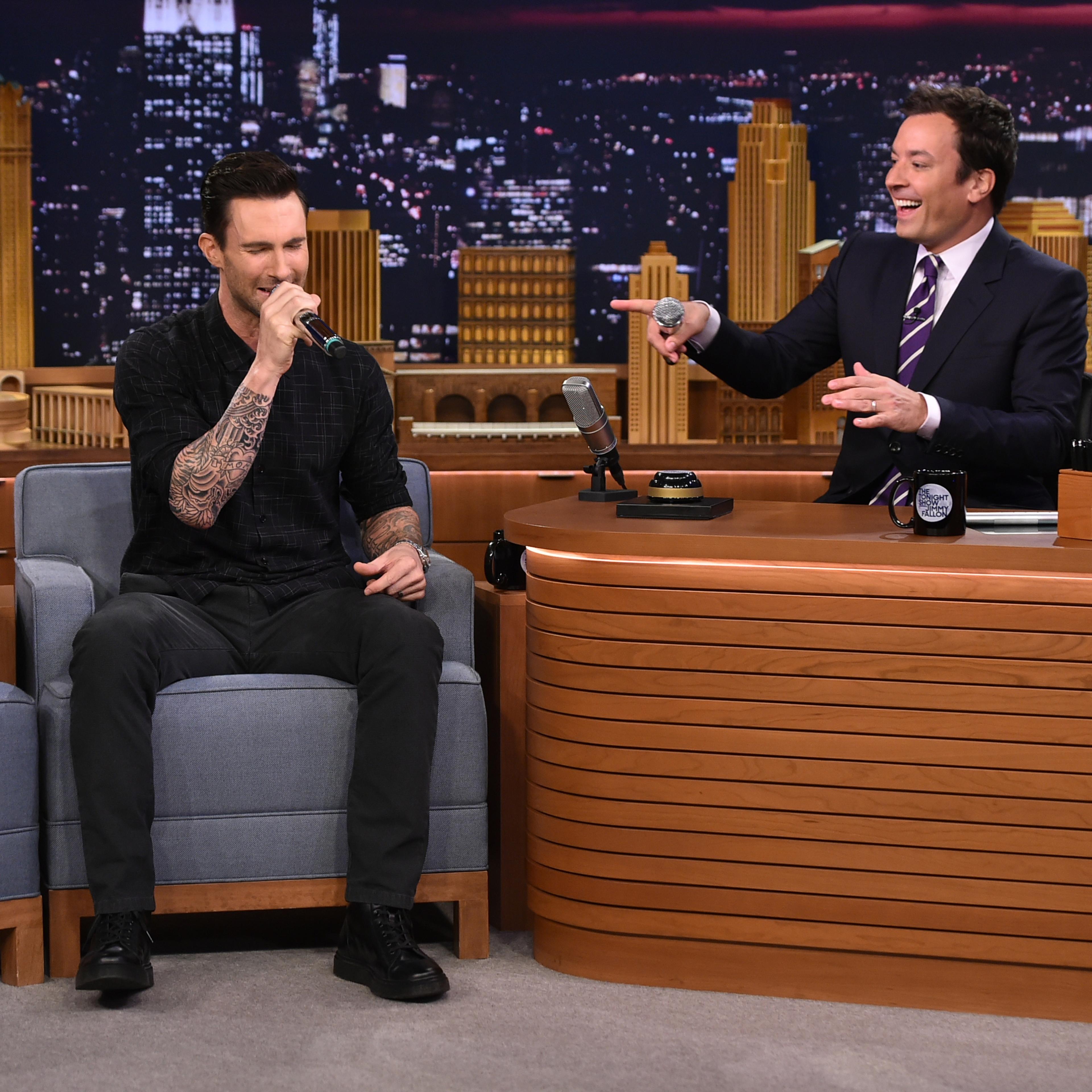 From left: Adam Levine during an interview with host Jimmy Fallon on Sept. 2, 2014 .