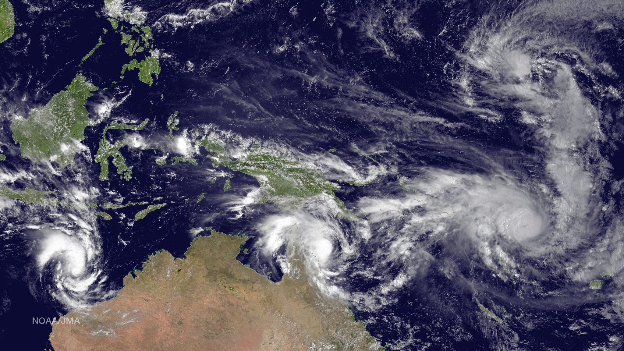 Left to right: Tropical Cyclone Olwyn in the Indian Ocean heading south for landfall near Learmonth on the west coast of Australia, Tropical Cyclone Nathan meanders northeast of Cooktown, Queensland, Australia in the Coral Sea, Tropical Cyclone Pam track