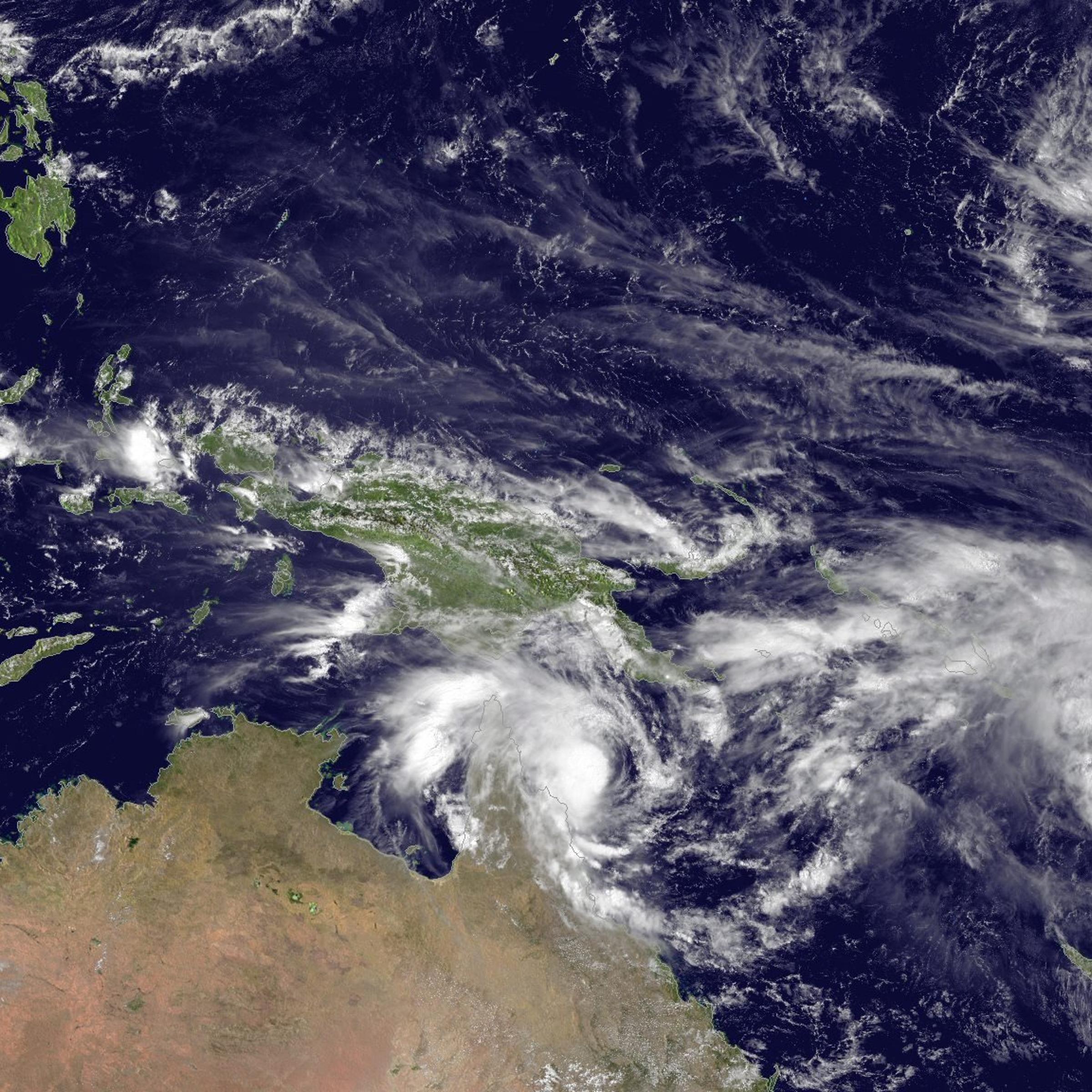 Left to right: Tropical Cyclone Olwyn in the Indian Ocean heading south for landfall near Learmonth on the west coast of Australia, Tropical Cyclone Nathan meanders northeast of Cooktown, Queensland, Australia in the Coral Sea, Tropical Cyclone Pam track