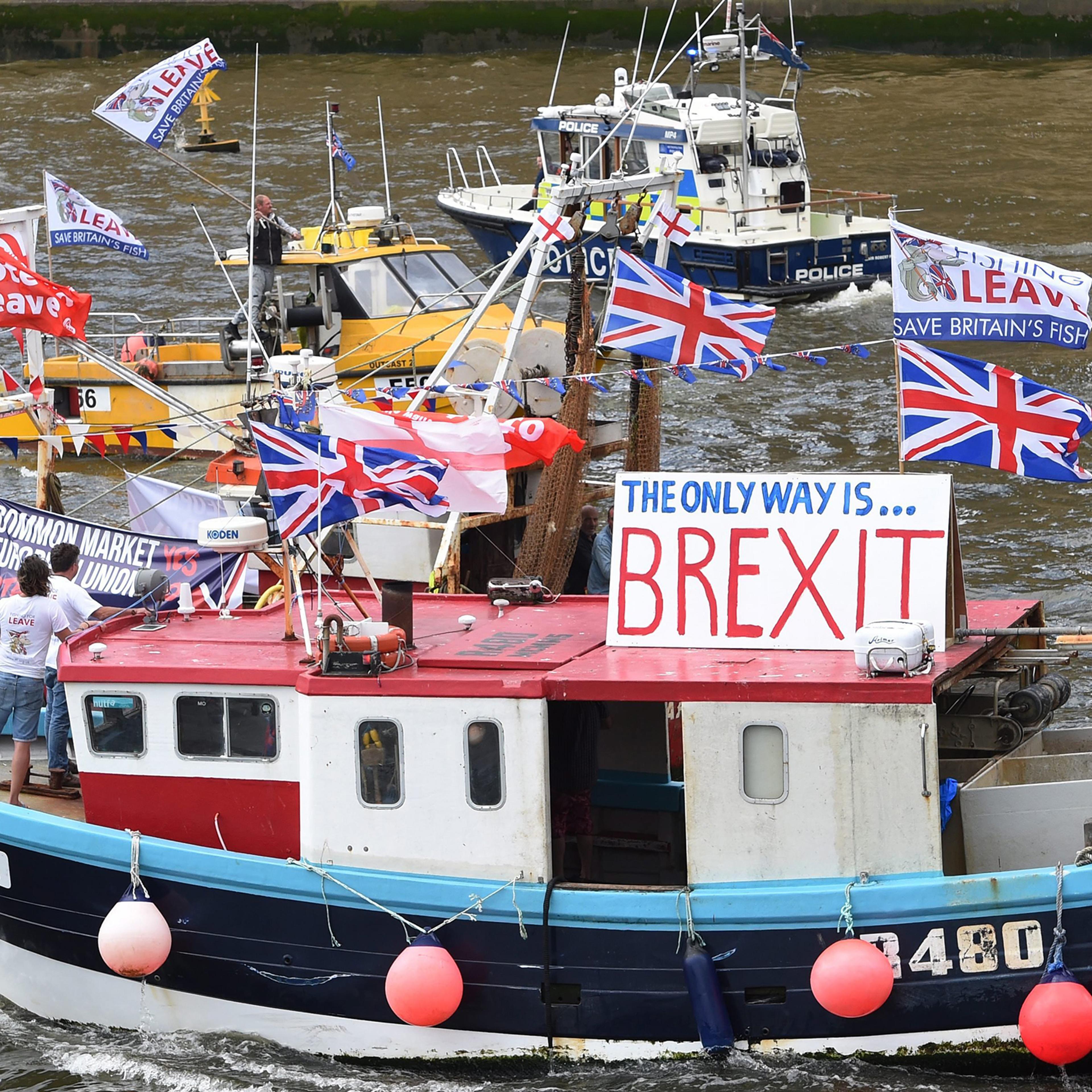 A flotilla of fishing trawlers, organized by UKIP leader Nigel Farage, sails up the river Thames next to the Houses of Parliament in London, June 15, 2016.