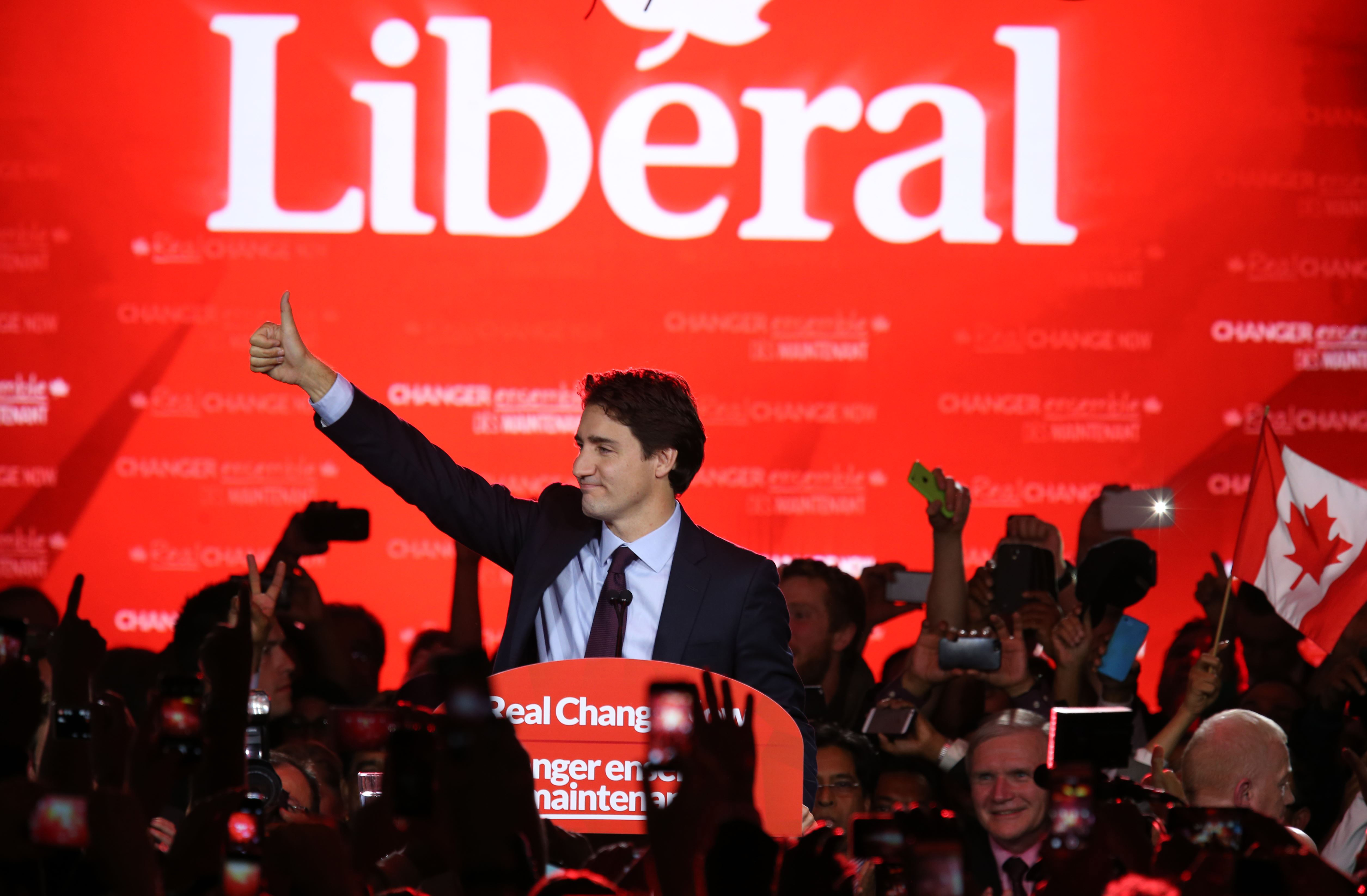 Liberal Party leader Justin Trudeau prepares to give his victory speech after Canada's federal election in Montreal