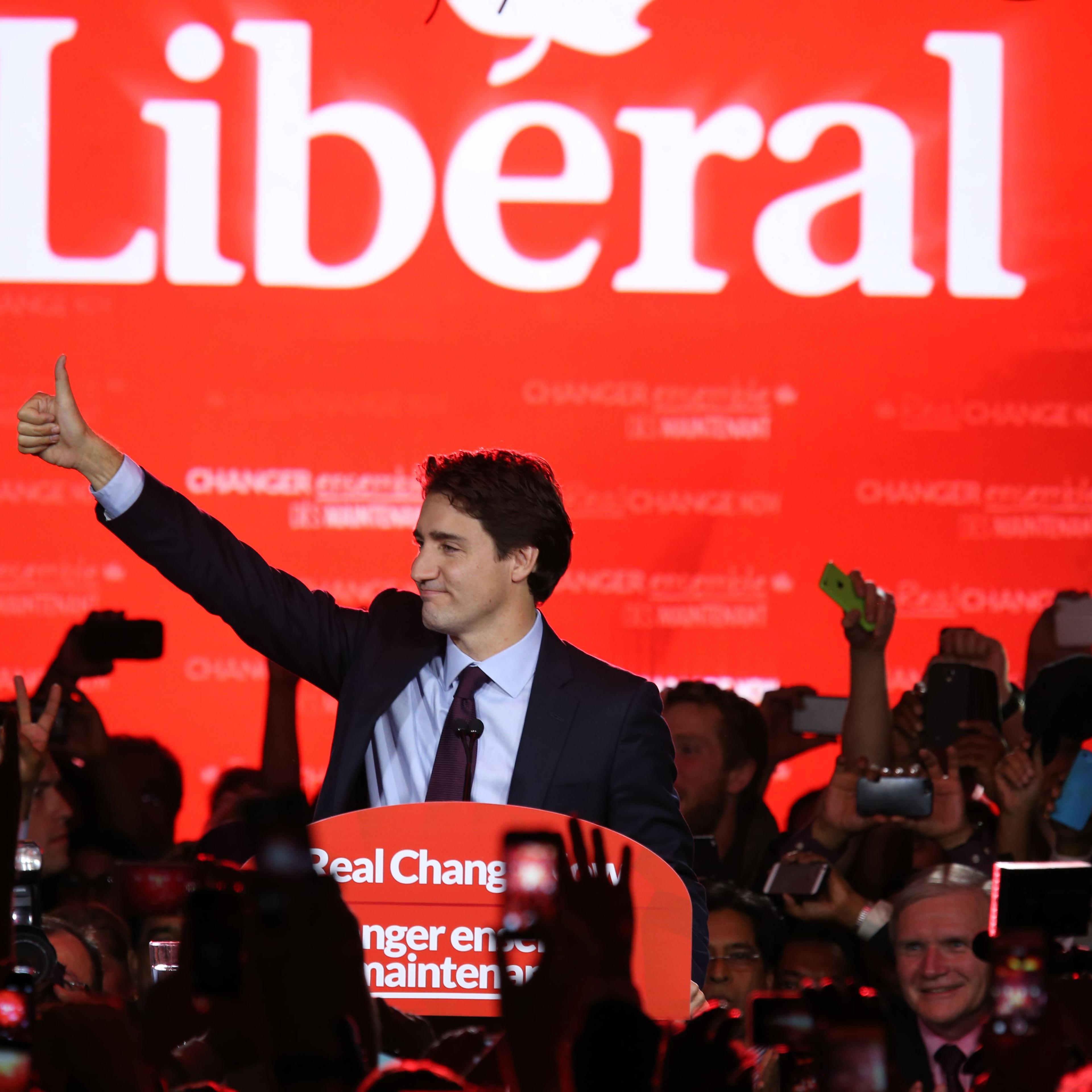 Liberal Party leader Justin Trudeau prepares to give his victory speech after Canada's federal election in Montreal