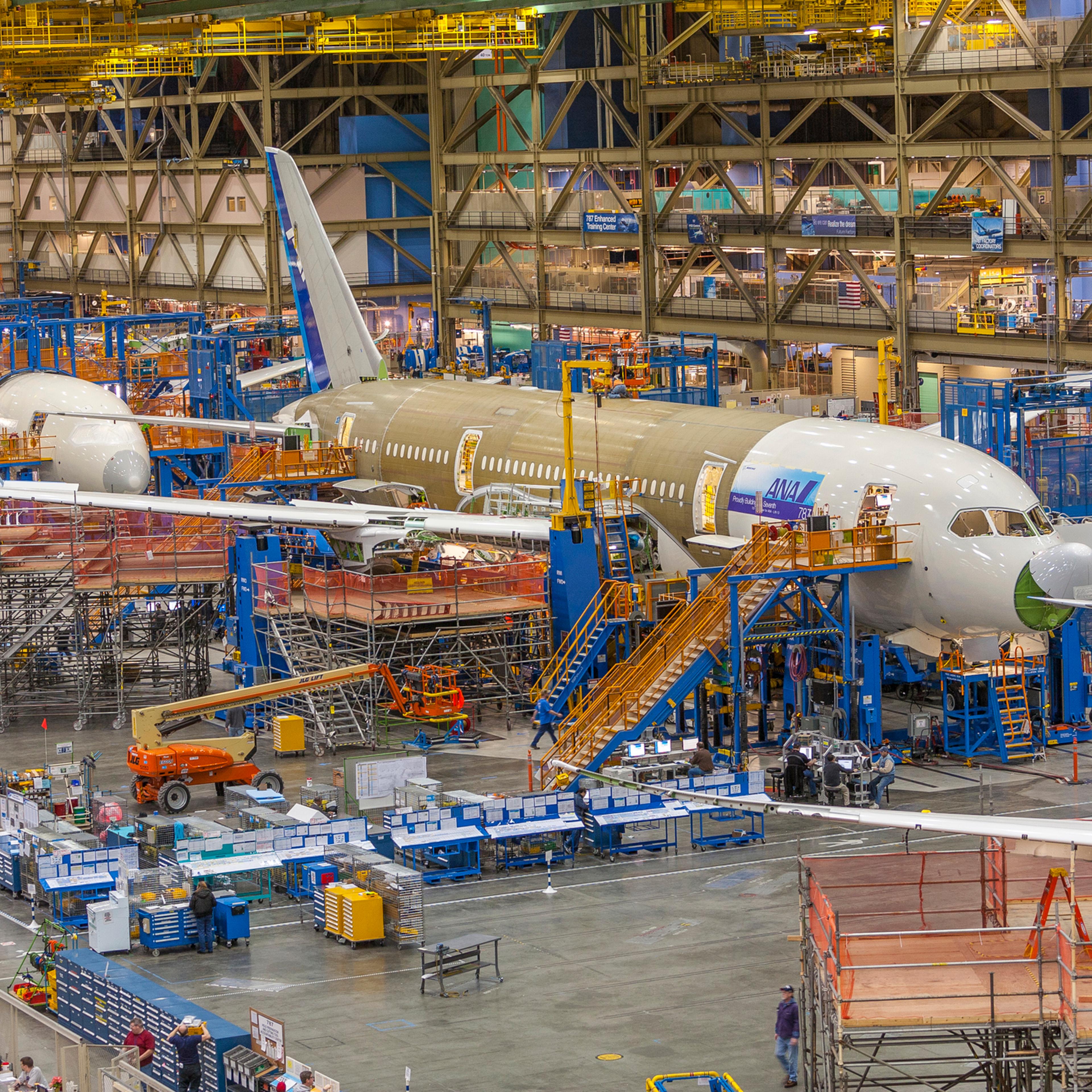 Boeing factory assembley line for 787 commercial airliner.