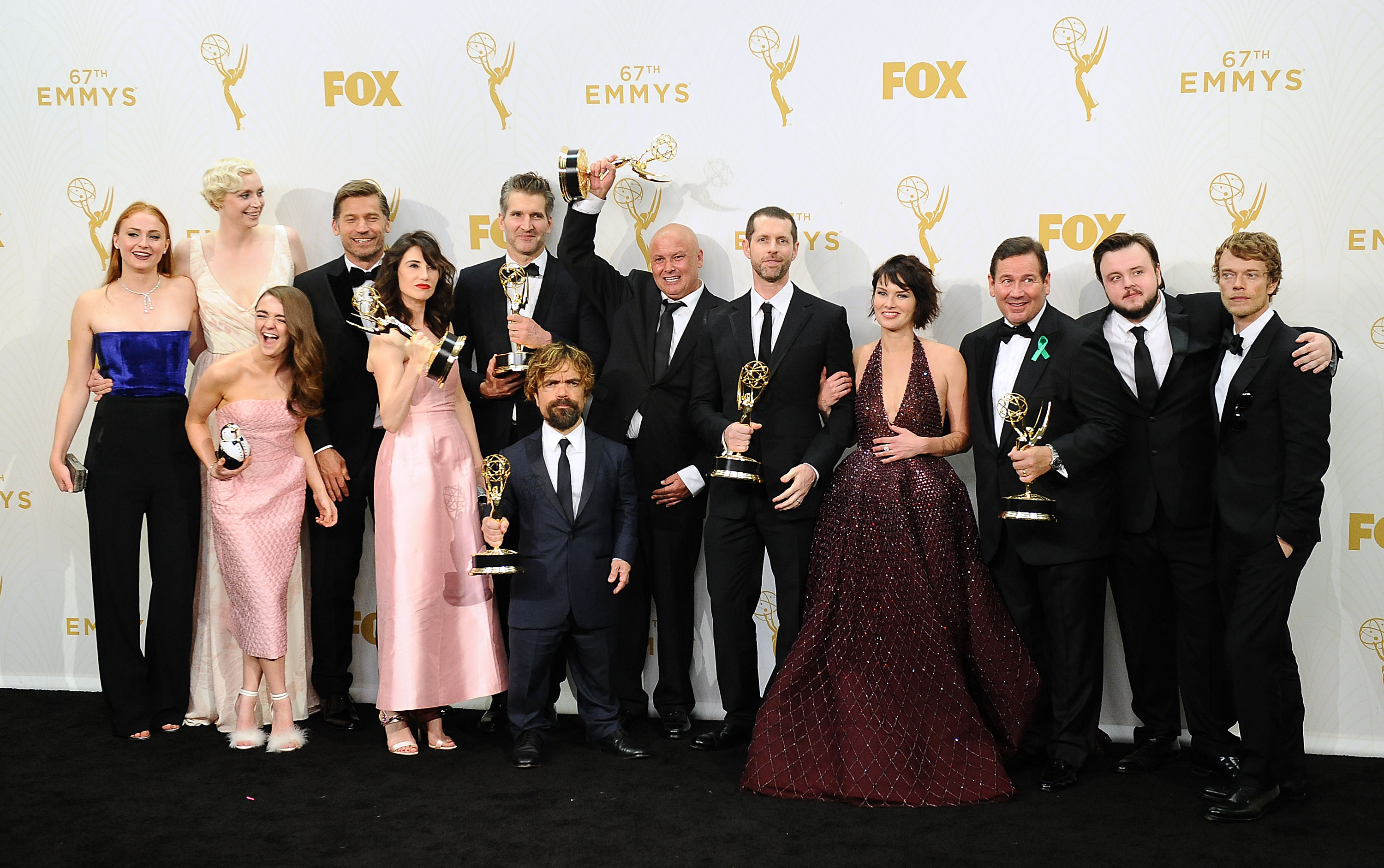 Actors Sophie Turner, Gwendoline Christie, Maisie Williams, Nikolaj Coster-Waldau, Carice van Houten, writer David Benioff, actor Peter Dinklage, Conleth Hill, writer D. B. Weiss, Lena Headey, director David Nutter and actors John Bradley-West and Alfie 