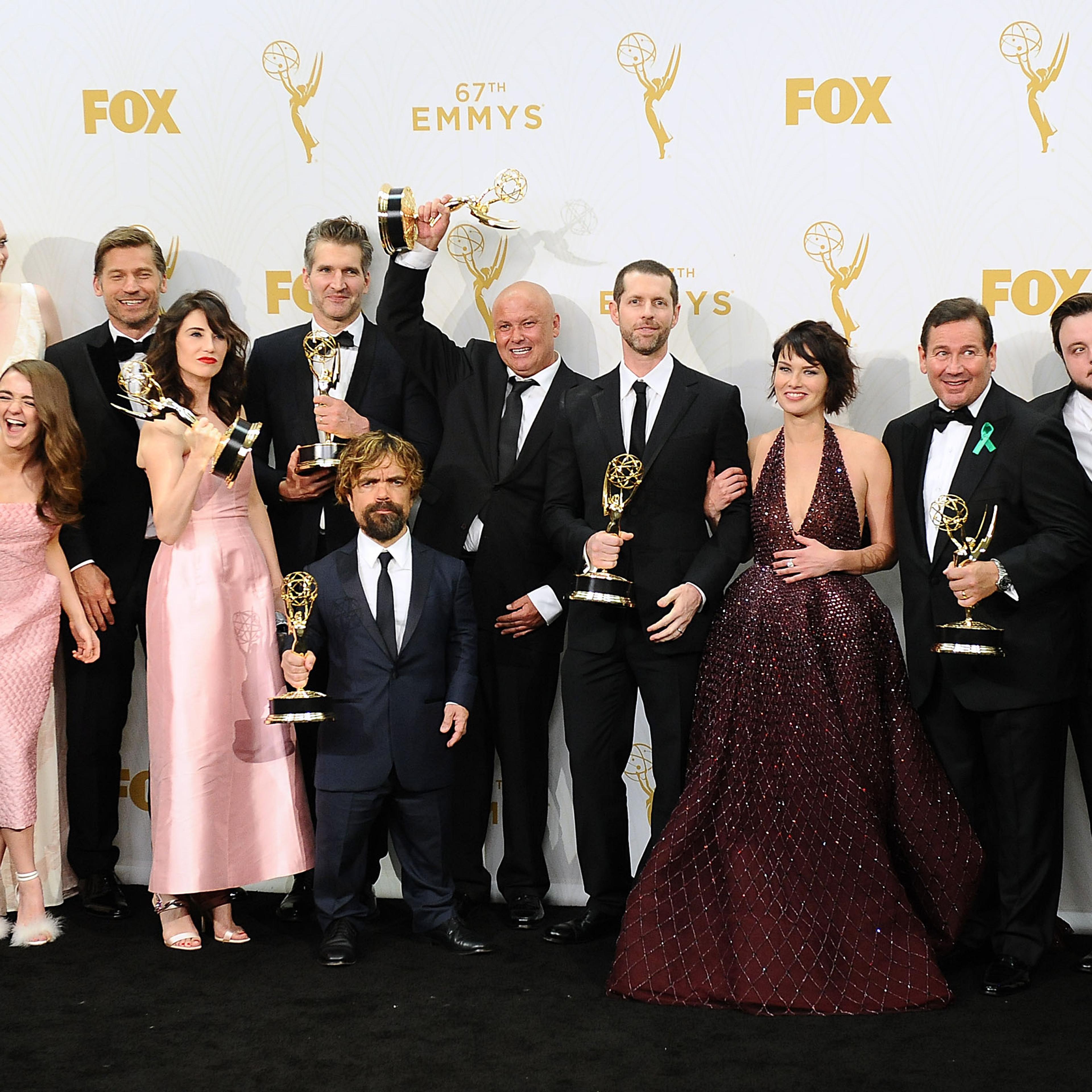 Actors Sophie Turner, Gwendoline Christie, Maisie Williams, Nikolaj Coster-Waldau, Carice van Houten, writer David Benioff, actor Peter Dinklage, Conleth Hill, writer D. B. Weiss, Lena Headey, director David Nutter and actors John Bradley-West and Alfie