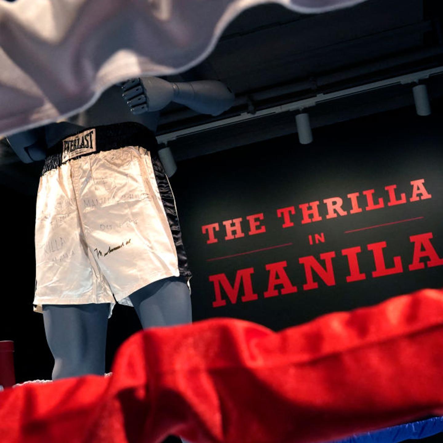 Muhammad Ali's trunks worn during the 1975 legendary match against Joe Frazier, 'The Thrilla in Manila' are on display during 'Sports Week' auctions at Sotheby's in New York City on April 4, 2024.