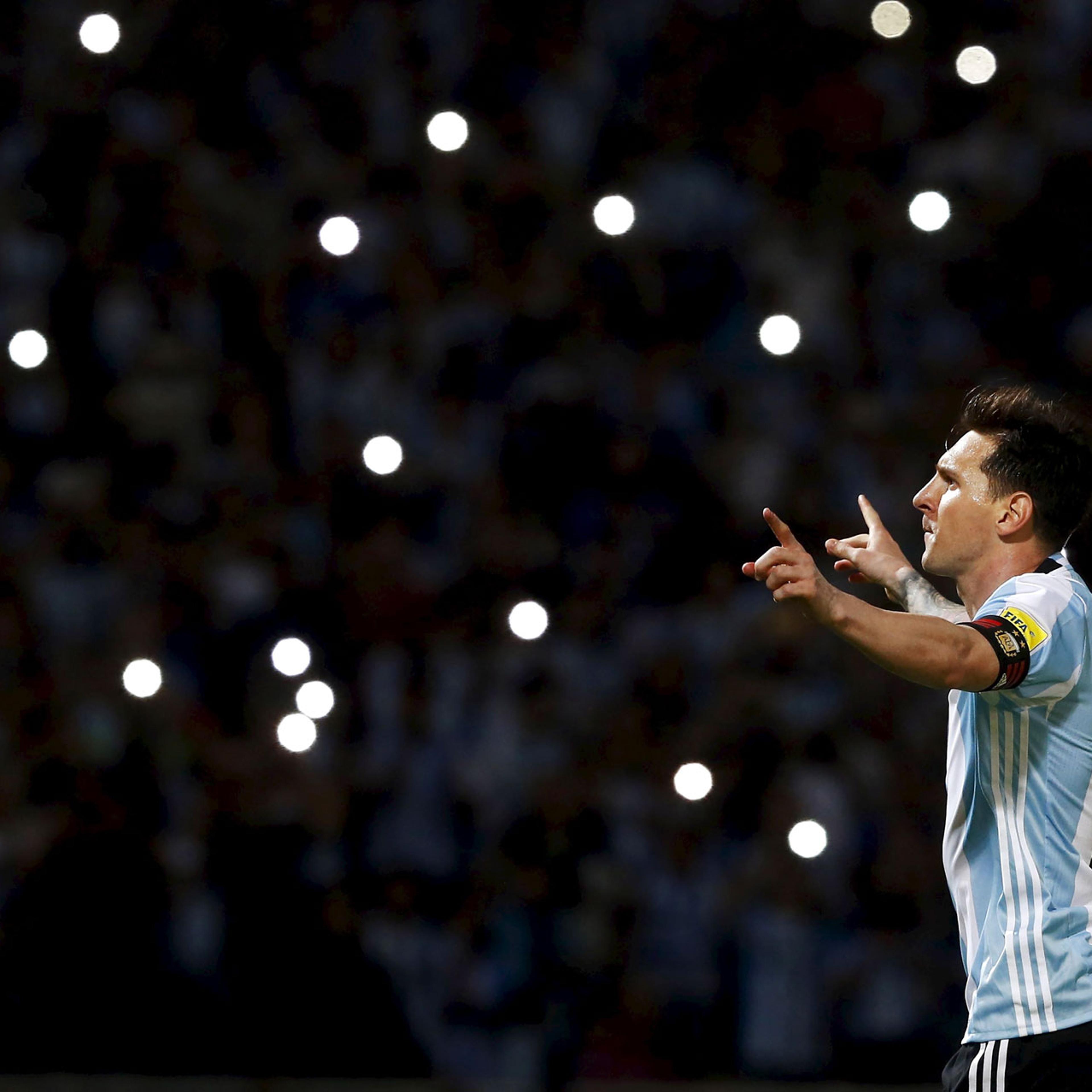 Messi celebrates after scoring a goal for Argentina in a March 29 World Cup qualifying match against Bolivia