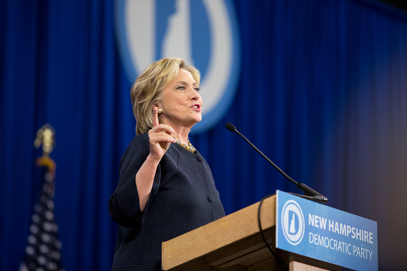 Democratic presidential candidate Hillary Clinton speaks on stage during the New Hampshire Democratic Party Convention at the Verizon Wireless Center on September 19, 2015 in Manchester, New Hampshire.
