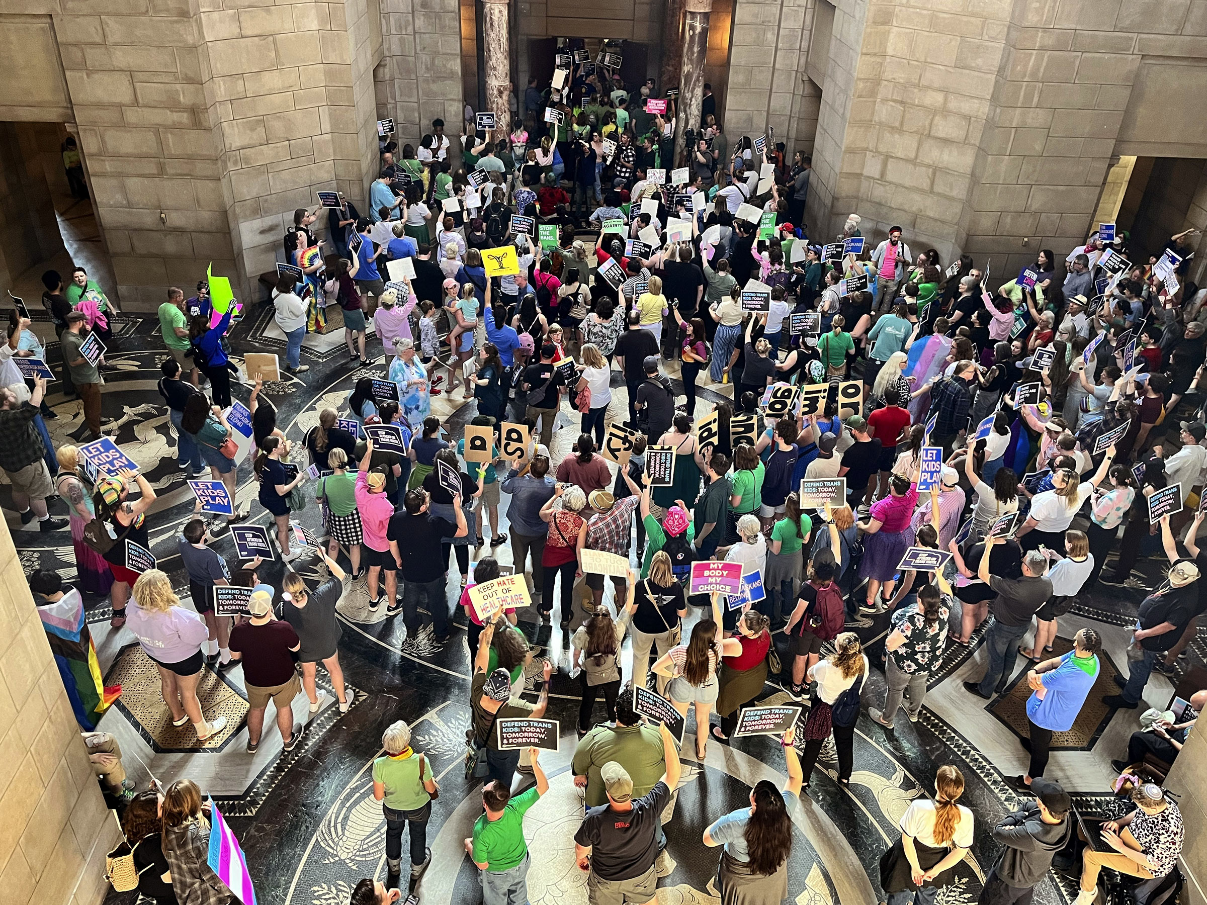 Hundreds of people gather at the Nebraska Capitol, in Lincoln, Neb., to protest plans by conservative lawmakers in the Nebraska Legislature to revive an abortion ban, on May 16, 2023.