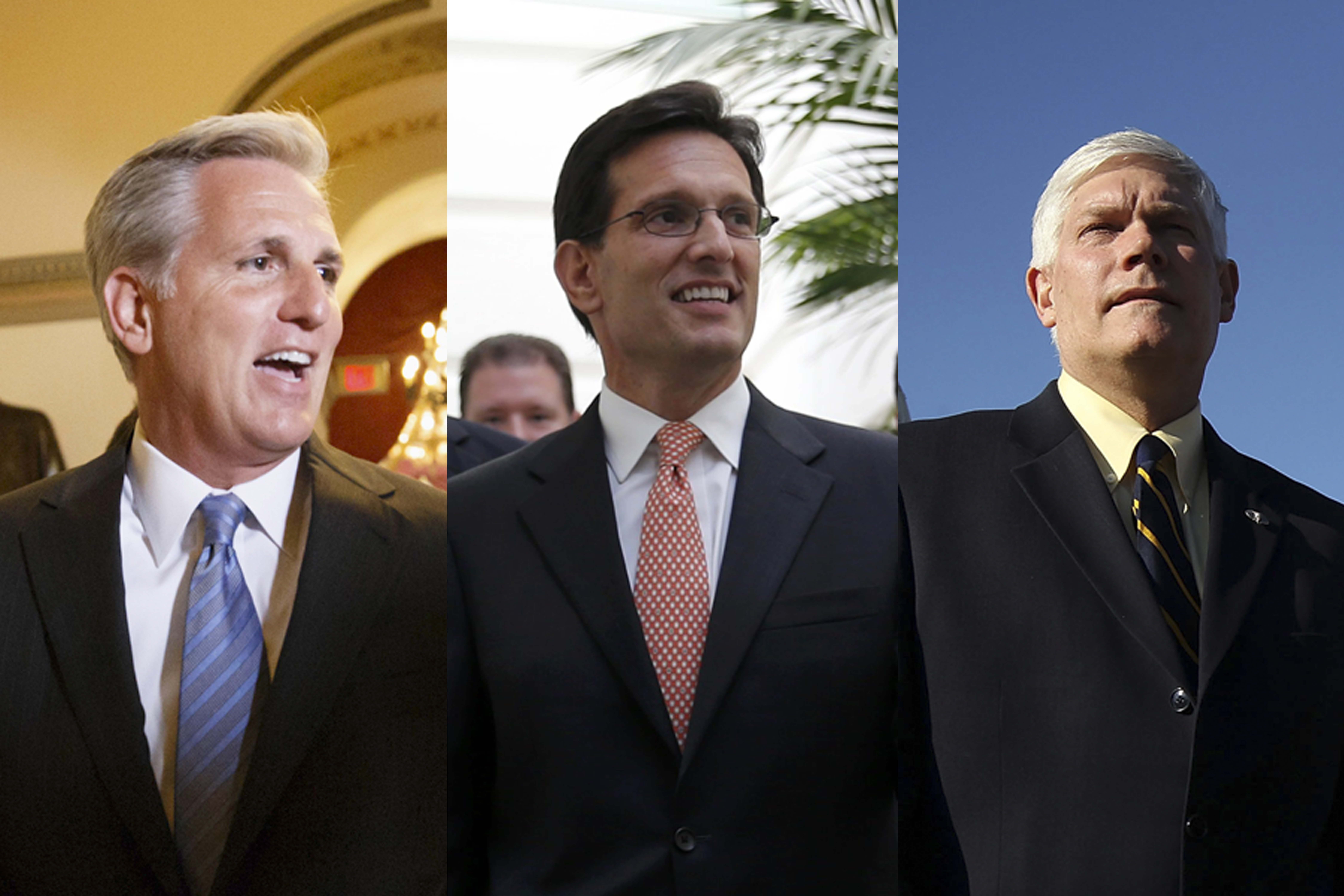 (L) House Majority Whip Kevin McCarthy-leaves House Speaker John Boehner's office on  June 11, 2014 in Washington. (C) Eric Cantor arrives for a news conference in Washington on June 11, 2014. (R) Representative Pete Sessions during a news conference to launch the Yellow Pages Caucus February 7, 2012 in Washington.