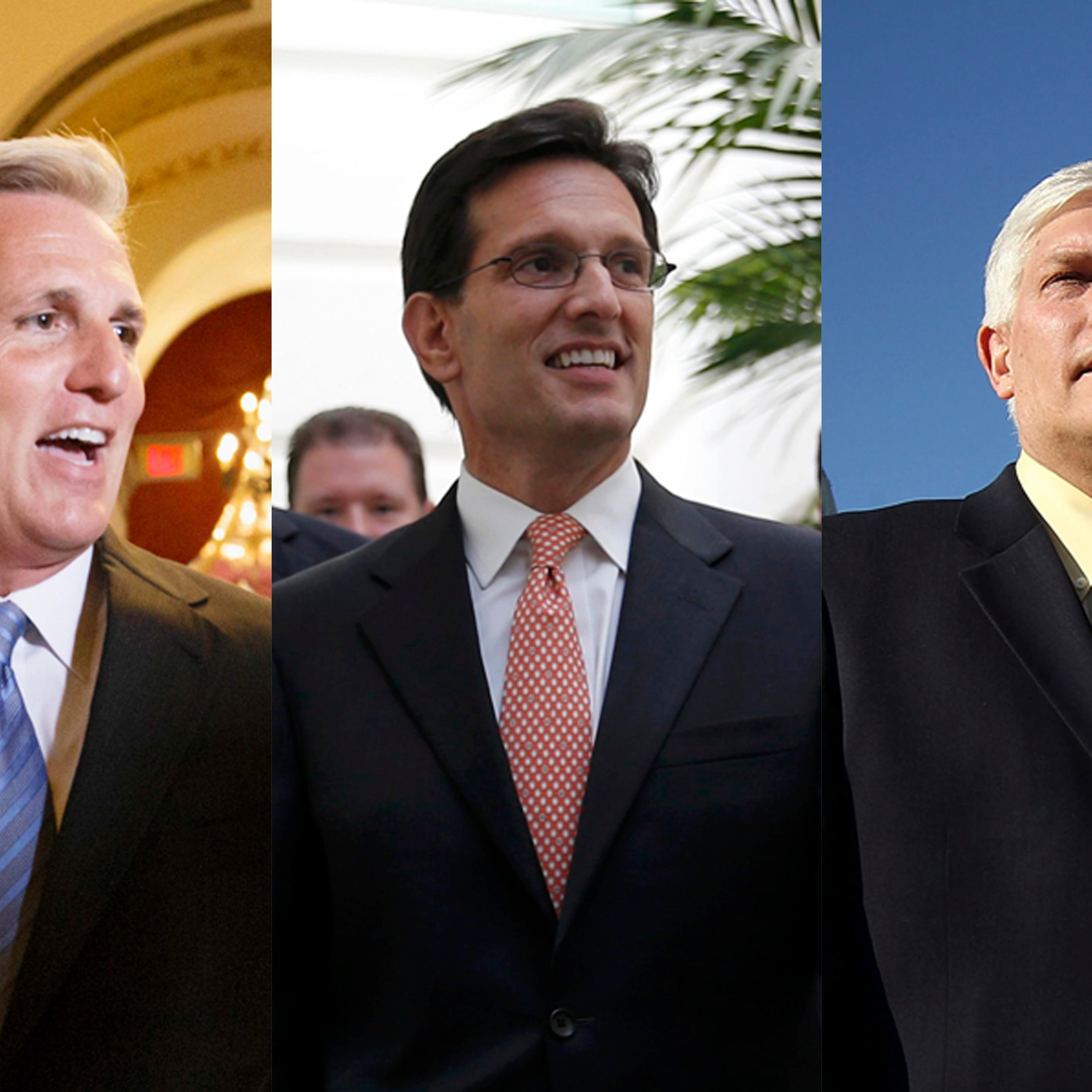 (L) House Majority Whip Kevin McCarthy-leaves House Speaker John Boehner's office on June 11, 2014 in Washington. (C) Eric Cantor arrives for a news conference in Washington on June 11, 2014. (R) Representative Pete Sessions during a news conference to launch the Yellow Pages Caucus February 7, 2012 in Washington.
