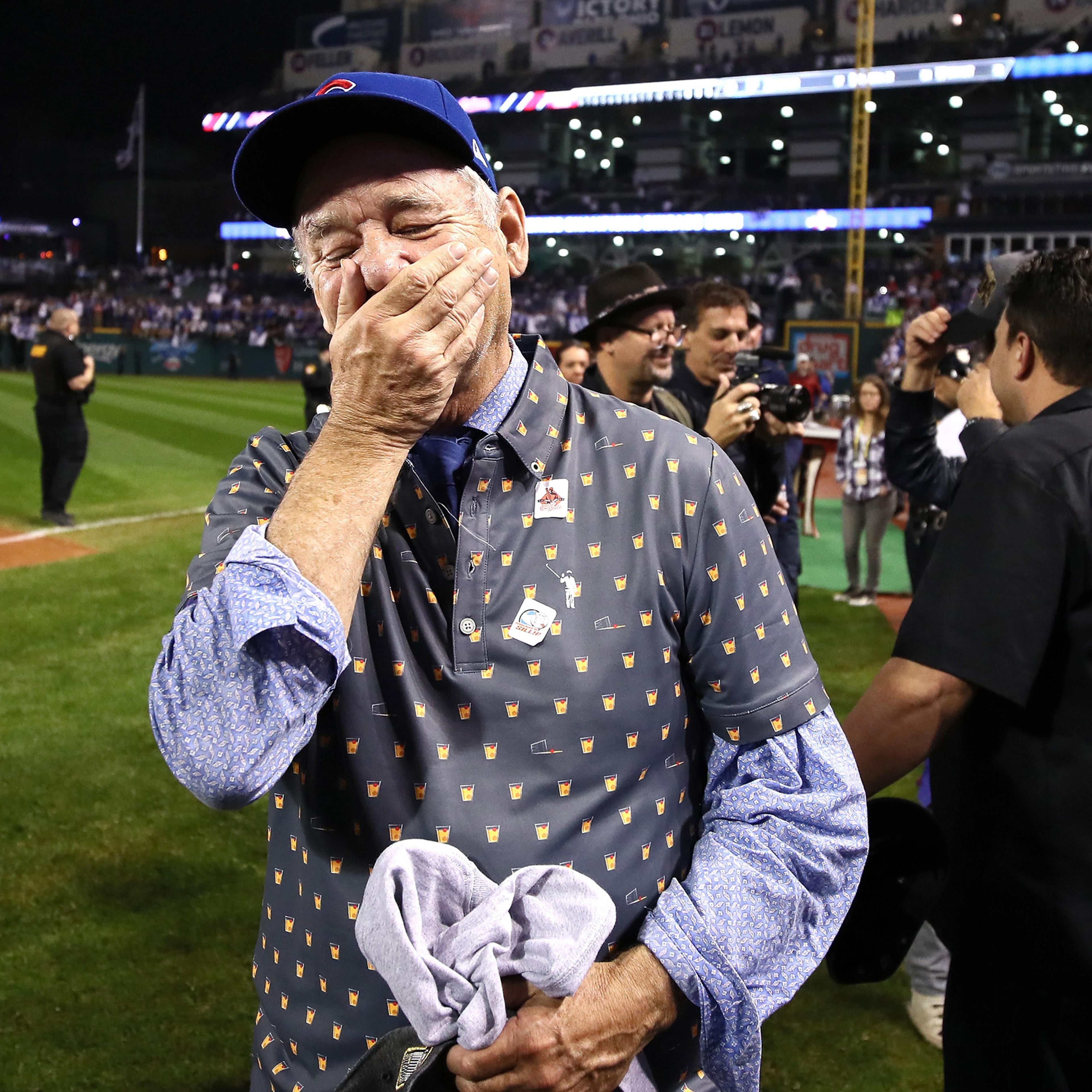 Actor Bill Murray reacts on the field after the Chicago Cubs defeated the Cleveland Indians 8-7 in Game Seven of the 2016 World Series at Progressive Field on Nov. 2, 2016 in Cleveland.