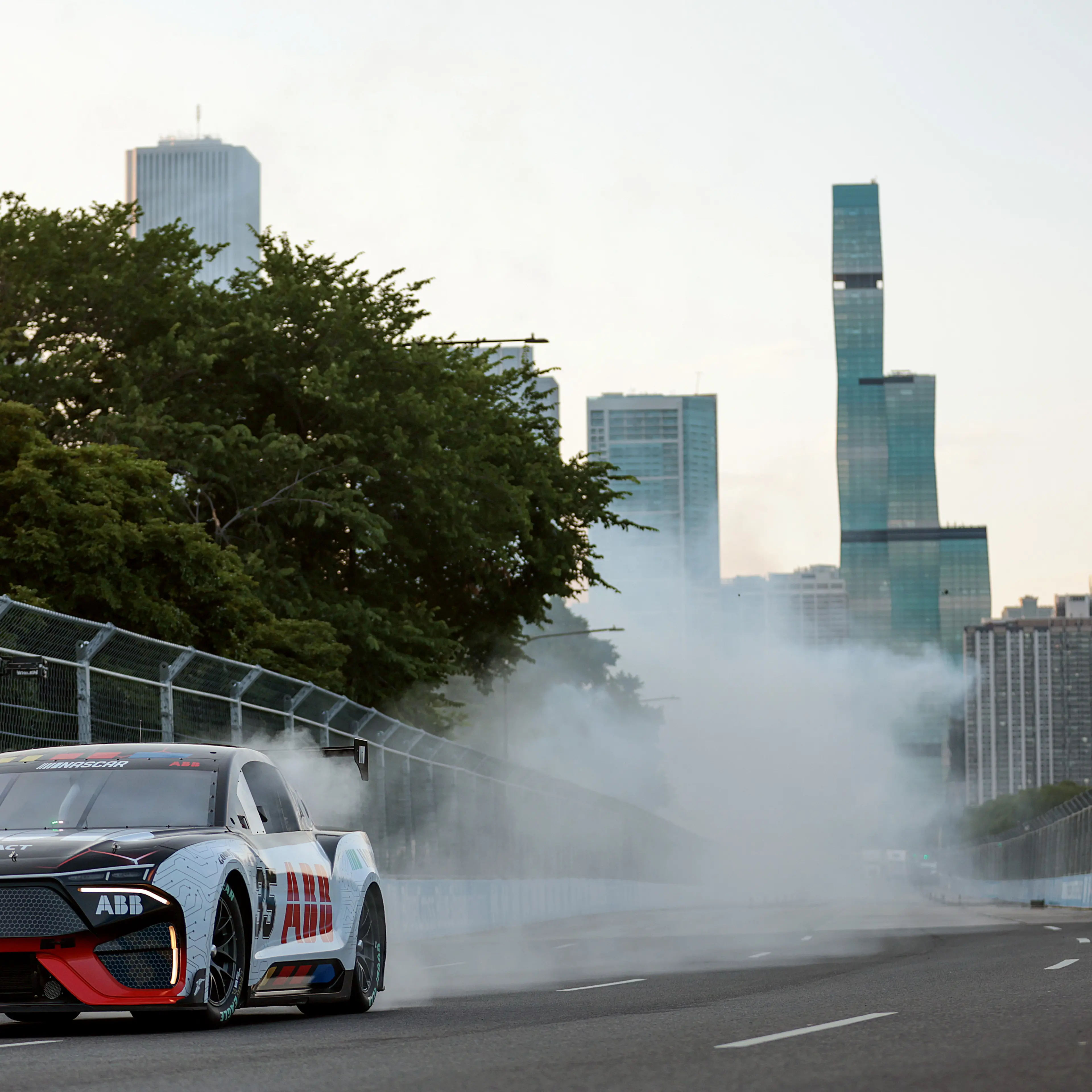 The ABB NASCAR new EV prototype performs a demonstration run on track at the Chicago Street Course on July 06, 2024 in Chicago, Illinois.