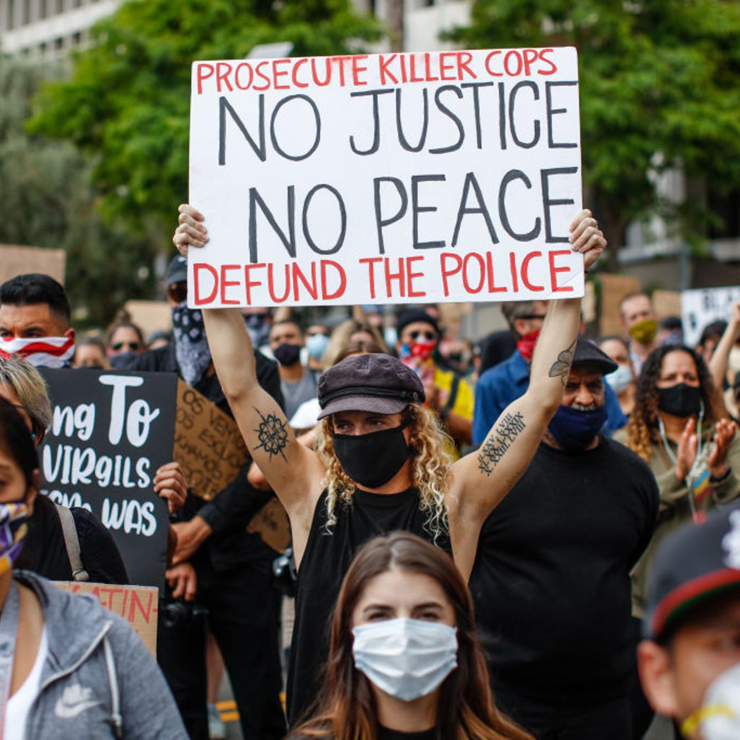 People gathered to protest the death of George Floyd and support Black Lives Matter, in downtown Los Angeles, California