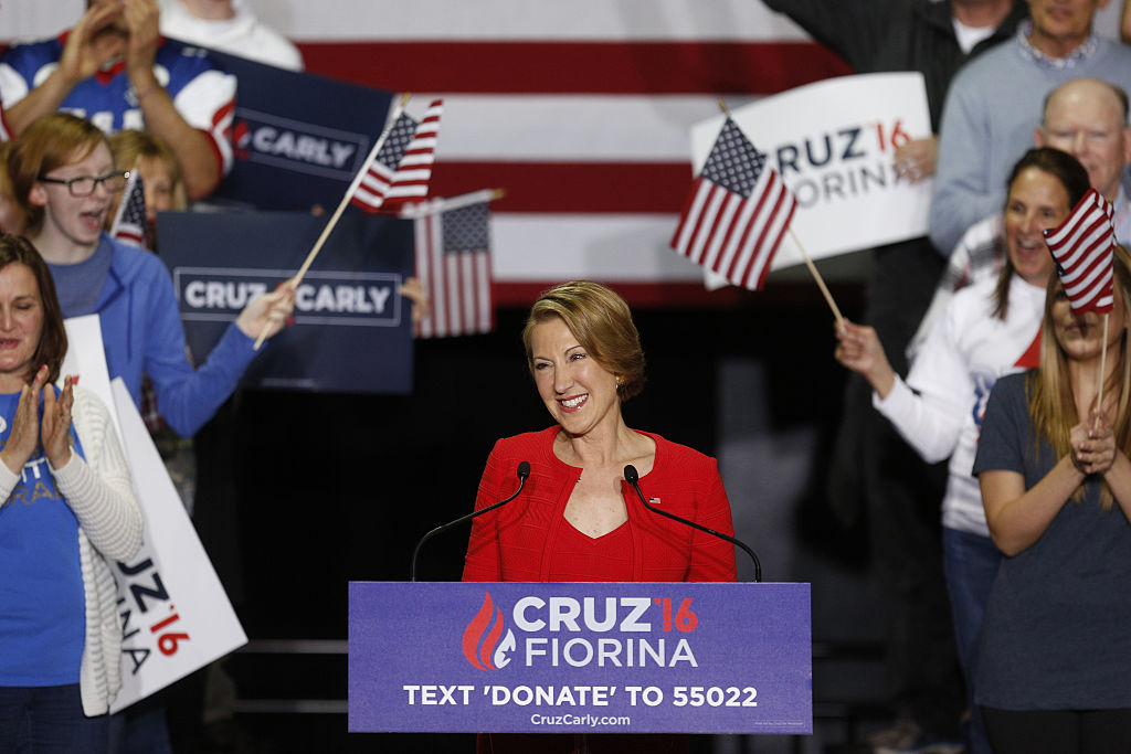 Carly Fiorina smiles during a campaign event for Ted Cruz in Indianapolis, Indiana on April 27, 2016.