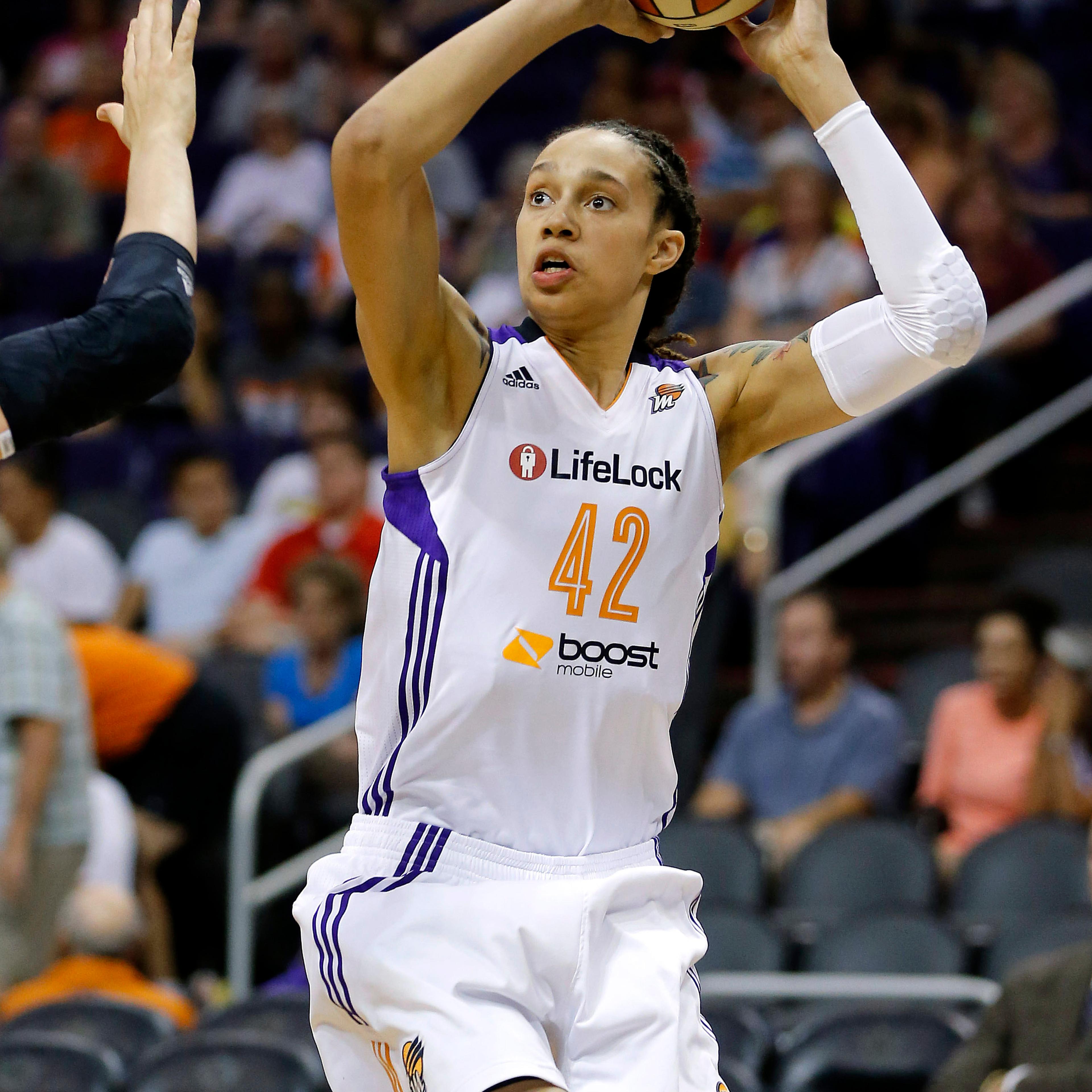 Phoenix Mercury center Brittney Griner shoots against the Minnesota Lynx during the second half of a WNBA basketball game in Phoenix in 2013.