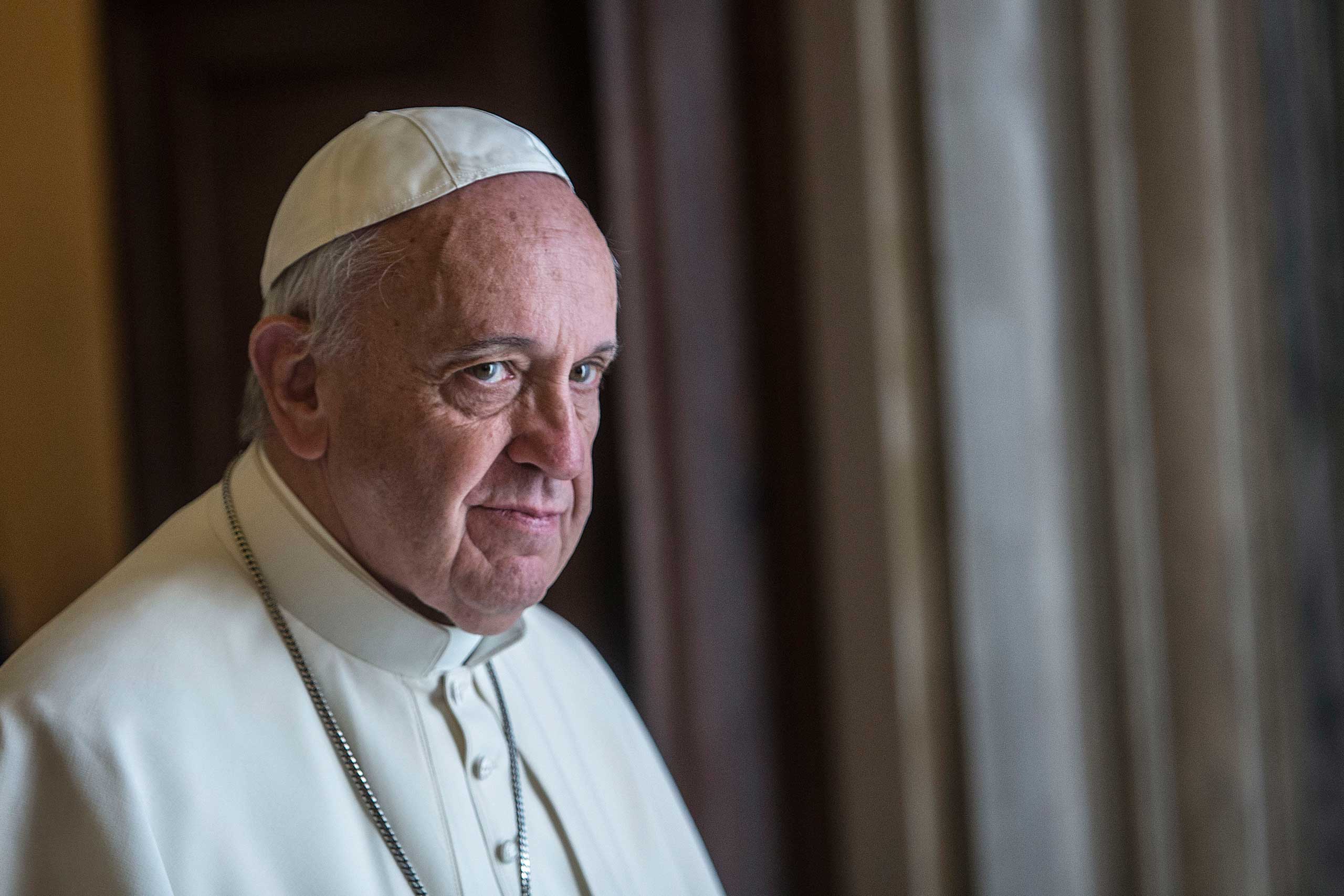 Pope Francis attends a private audience with President of Slovakia Andrej Kiska at the Apostolic Palace in Vatican City, Vatican, on April 9, 2015.