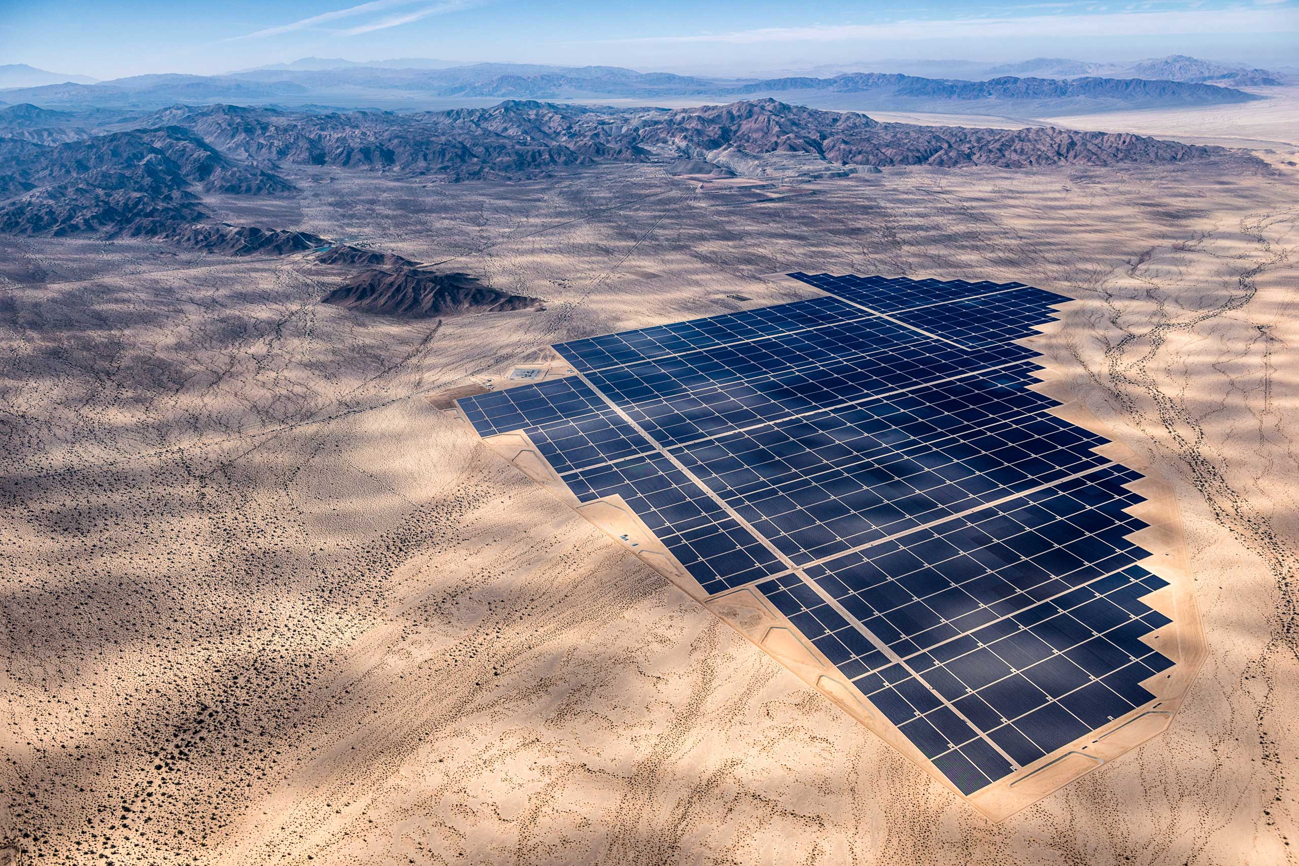 Desert Sunlight Solar Farm produces 550 megawatts of energy, equal to the output of a conventional power plant, near Palm Springs, California, where. 8 million photovoltaic (PV) panels convert sunlight into electricity.  Jamey Stillings for TIME