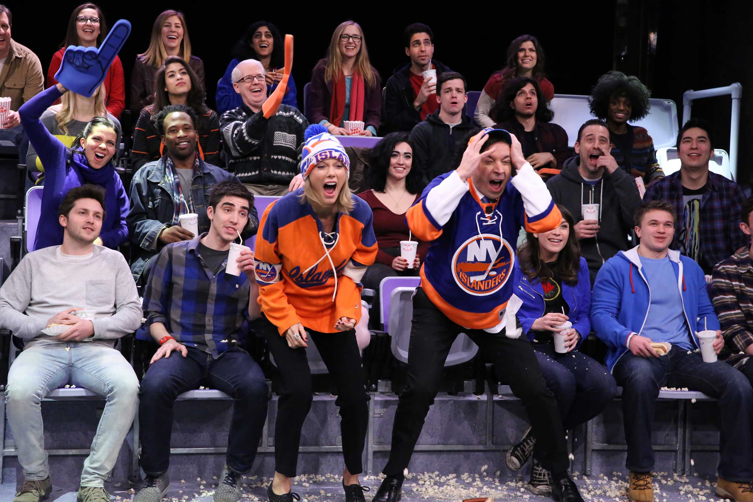 Taylor Swift and host Jimmy Fallon during the "Jumbotron Dancers" skit on Feb. 17, 2015.