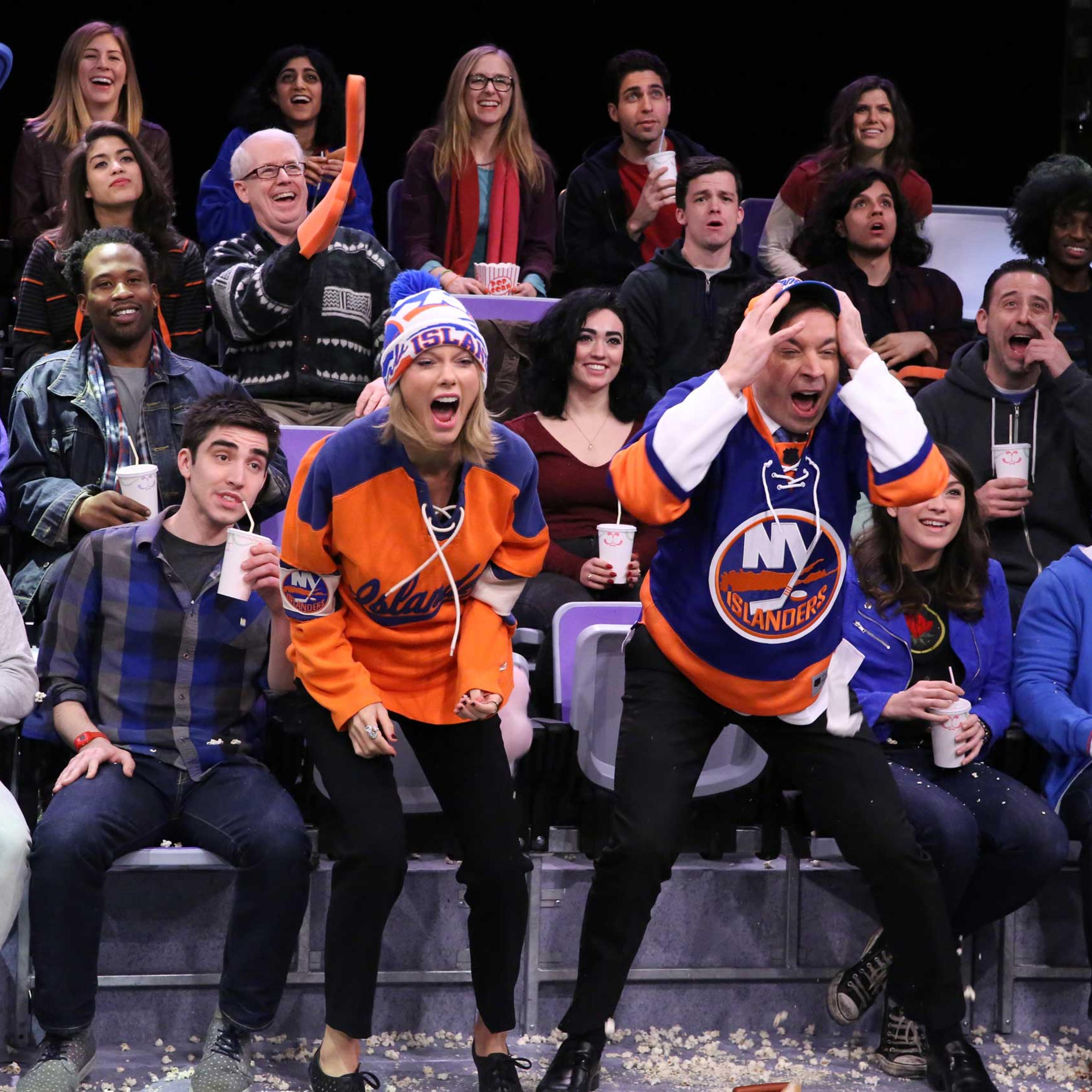 Taylor Swift and host Jimmy Fallon during the "Jumbotron Dancers" skit on Feb. 17, 2015.