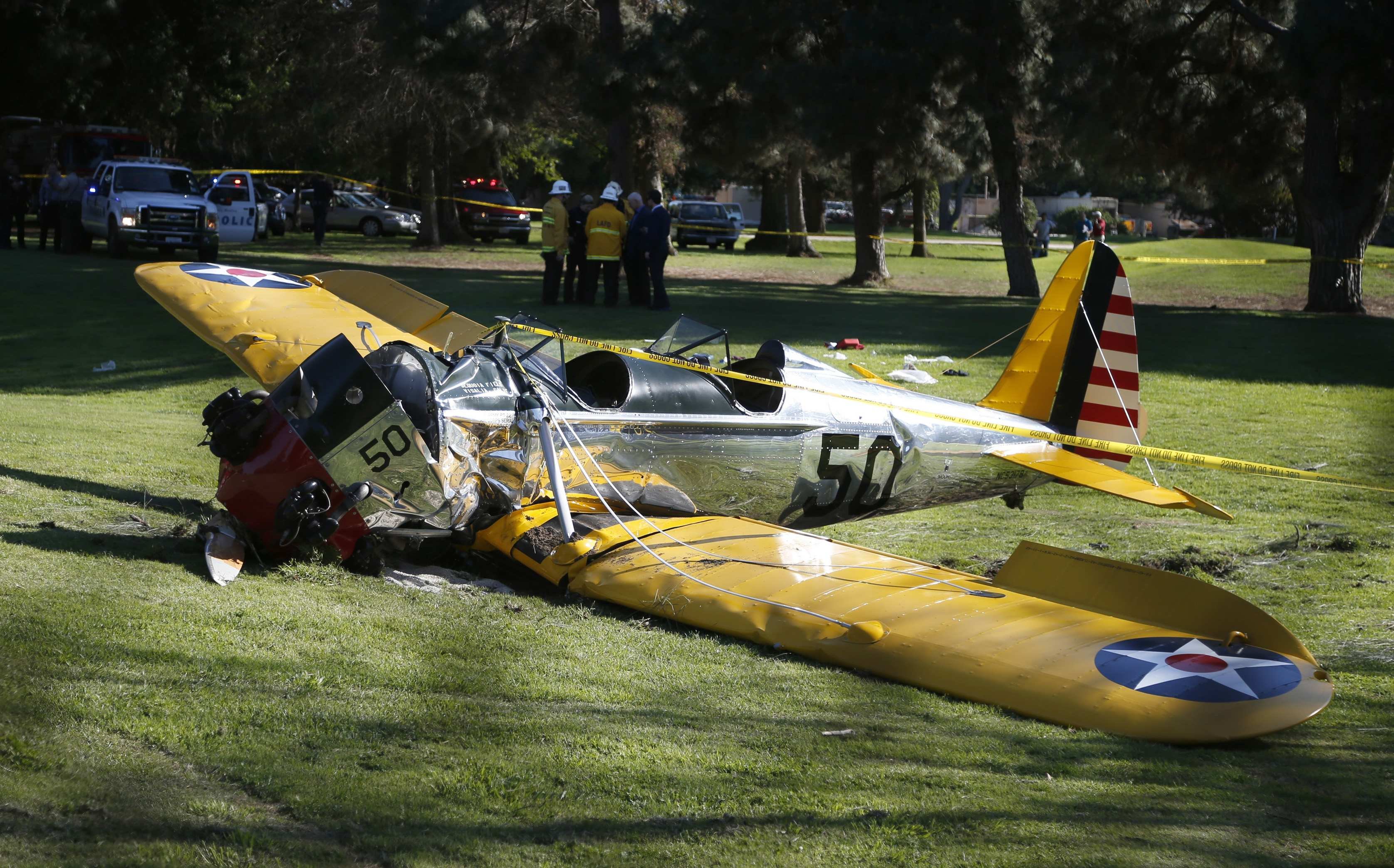 An airplane sits after crash landing at Penmar Golf Course in Venice, California on March 5, 2015.