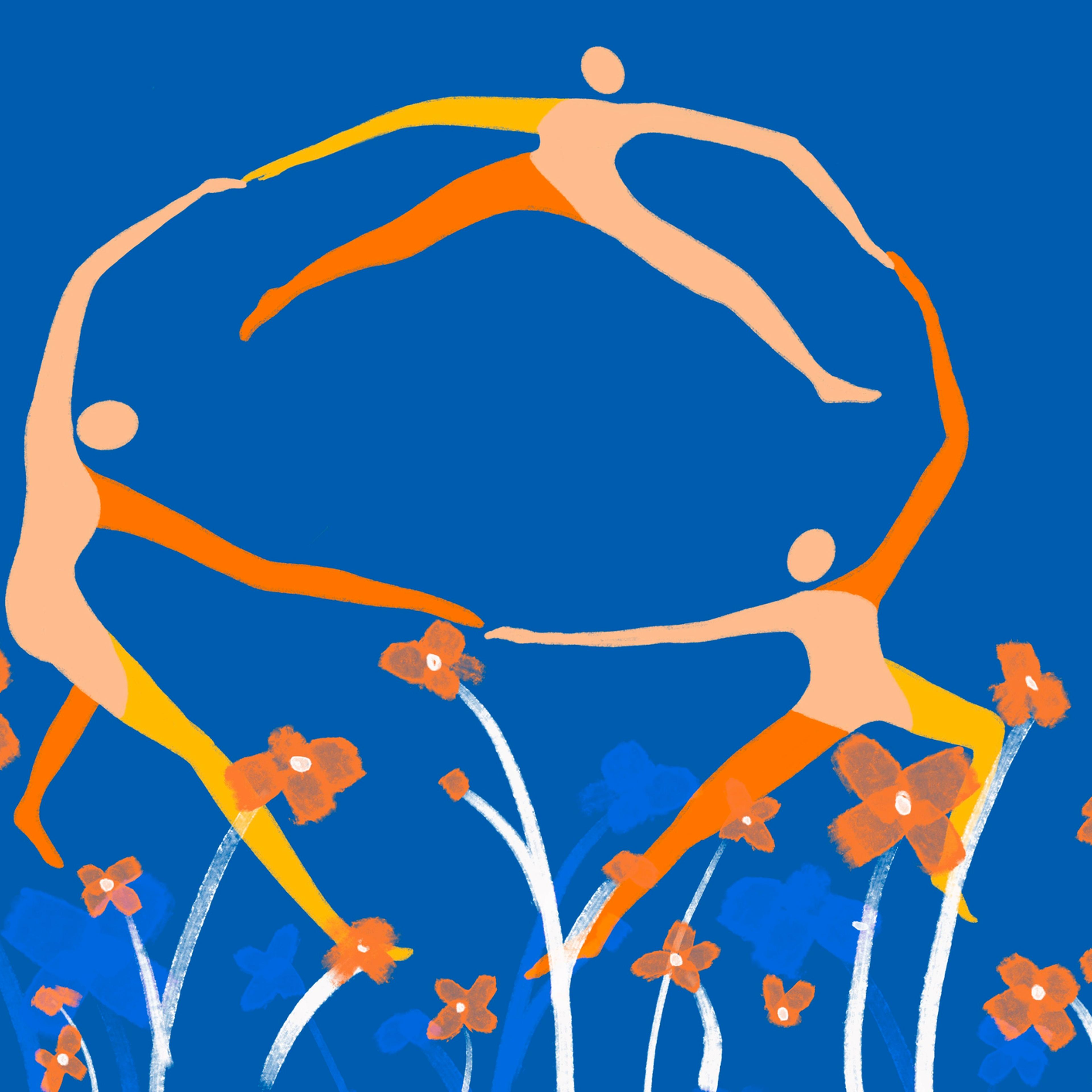 Vector illustration of three people dancing in circle on blue background with flowers