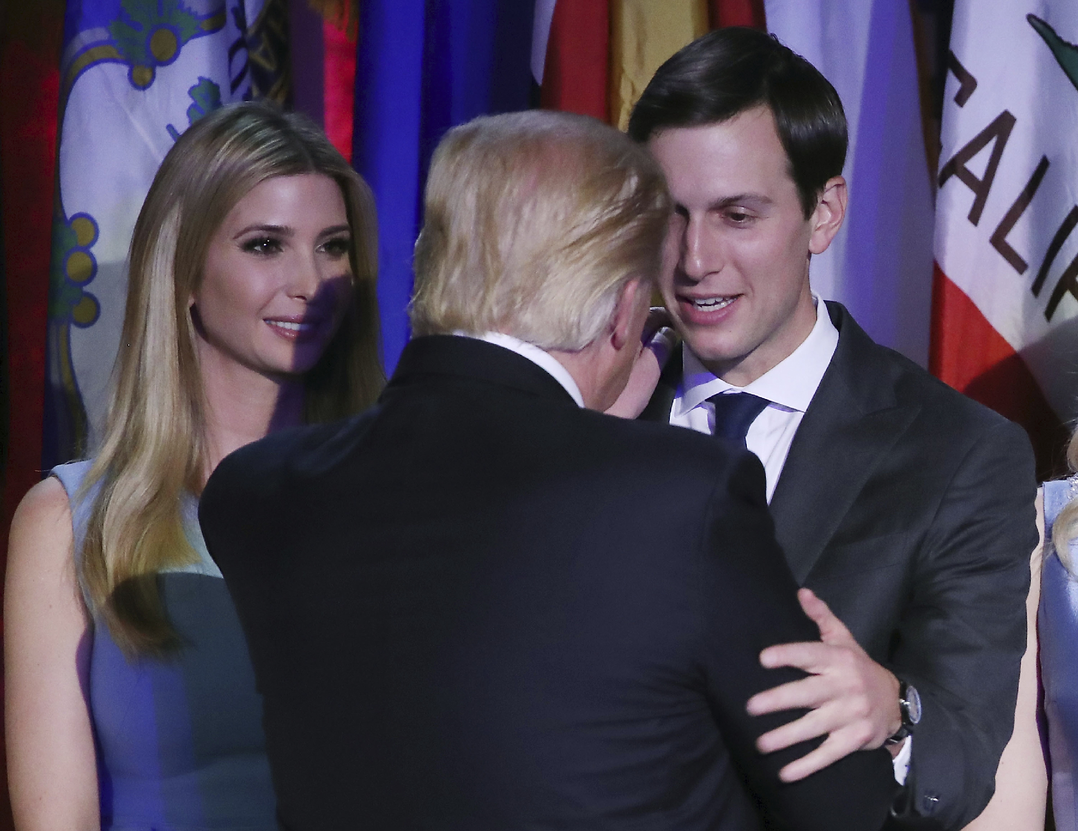 President-elect Donald Trump embraces son in law Jared Kushner (R), as his daughter Ivanka Trump, (L), stands nearby, after his acceptance speech at the New York Hilton Midtown in the early morning hours of November 9, 2016 in New York City. Donald Trump