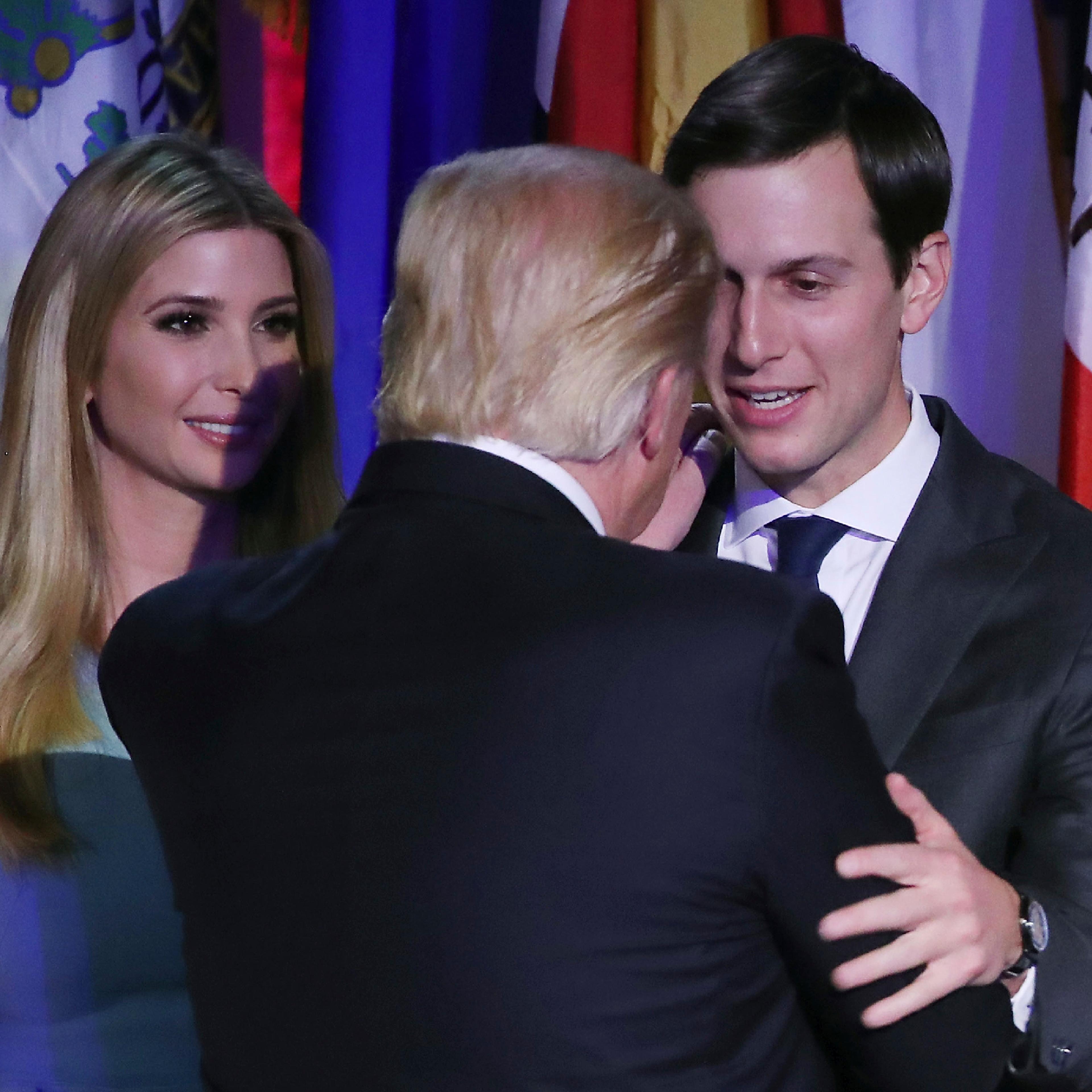 President-elect Donald Trump embraces son in law Jared Kushner (R), as his daughter Ivanka Trump, (L), stands nearby, after his acceptance speech at the New York Hilton Midtown in the early morning hours of November 9, 2016 in New York City. Donald Trump
