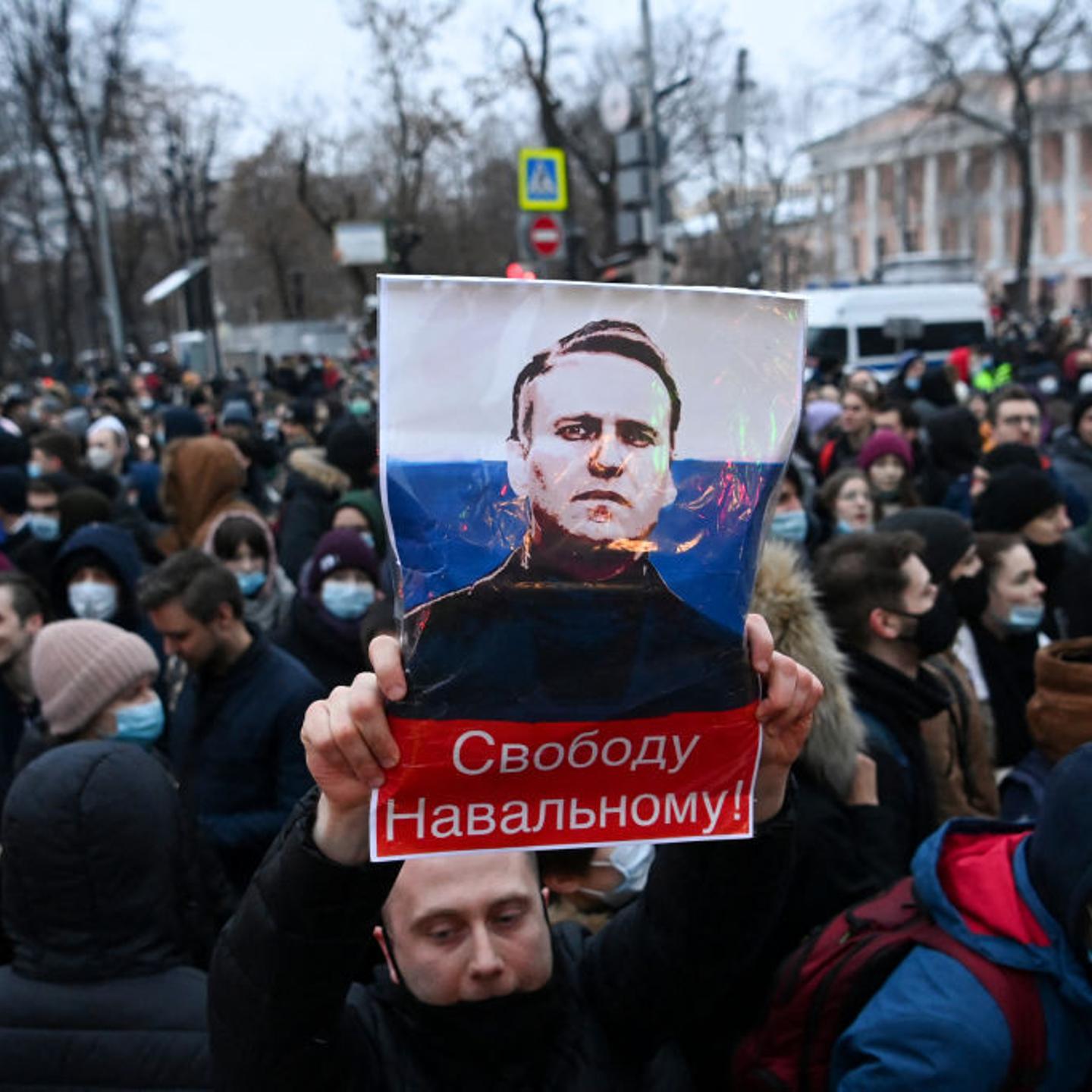 Protesters march in support of jailed opposition leader Alexei Navalny in downtown Moscow on January 23, 2021.