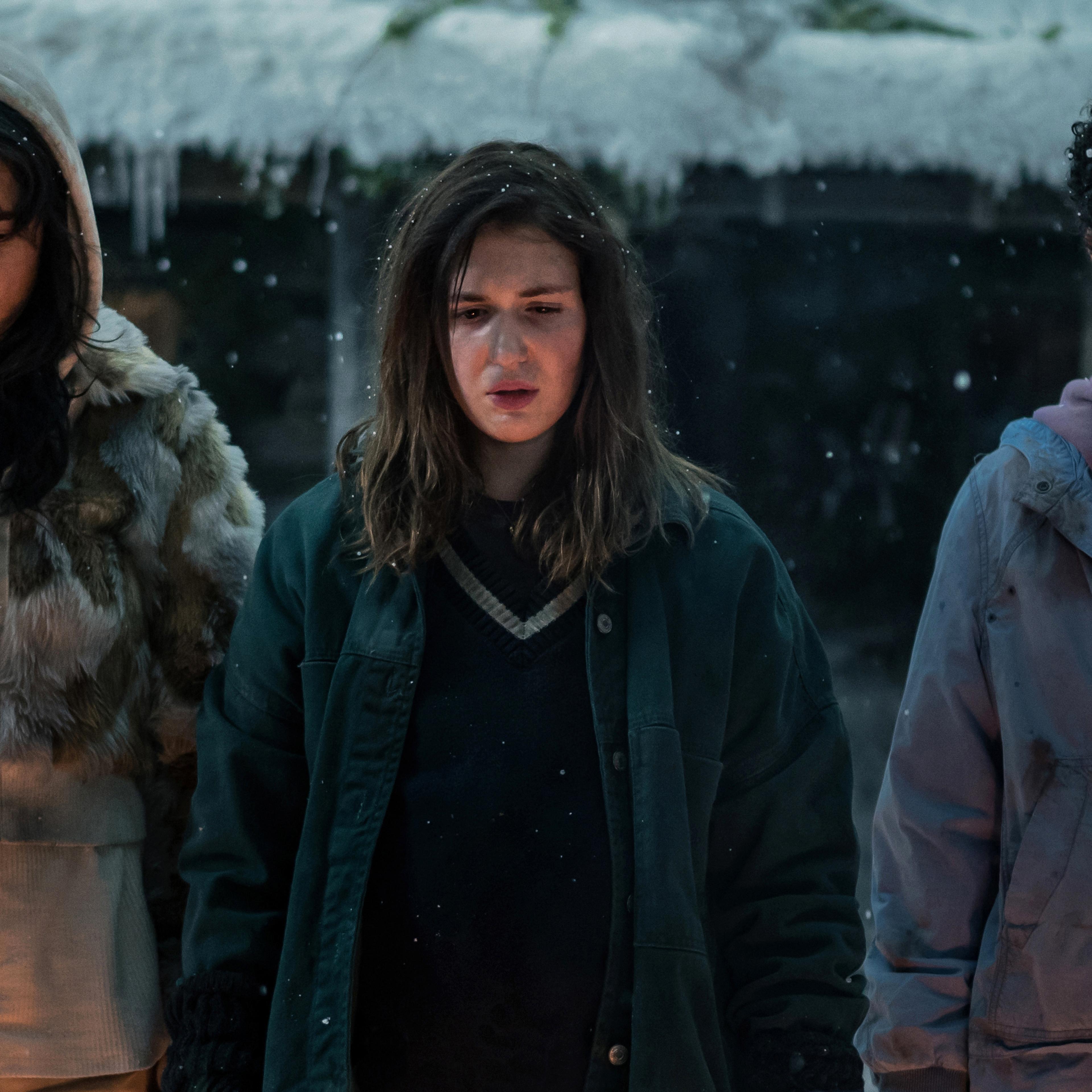 Courtney Eaton as teen Lottie, Sophie Nélisse as teen Shauna and Jasmin Savoy Brown as teen Taissa in 'Yellowjackets' season 2, episode 2