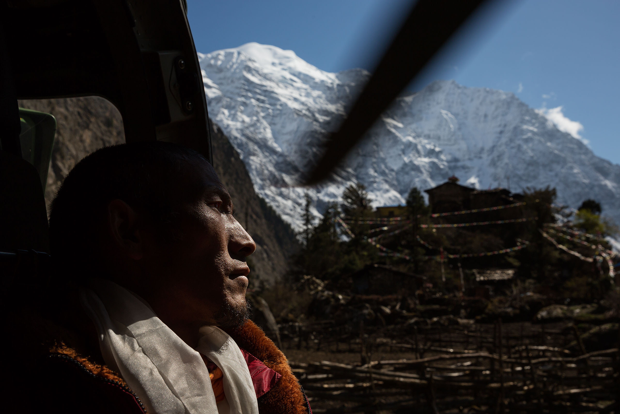 Nepal earthquake. Young Buddhist monks from Hinang Gompa (monastery) in the village of Lhi in Gorkha district in the Annapurna Range of the Himalayas were transported by Indian Army helicopter to Pokhara because the monastery was damaged in the earthquak