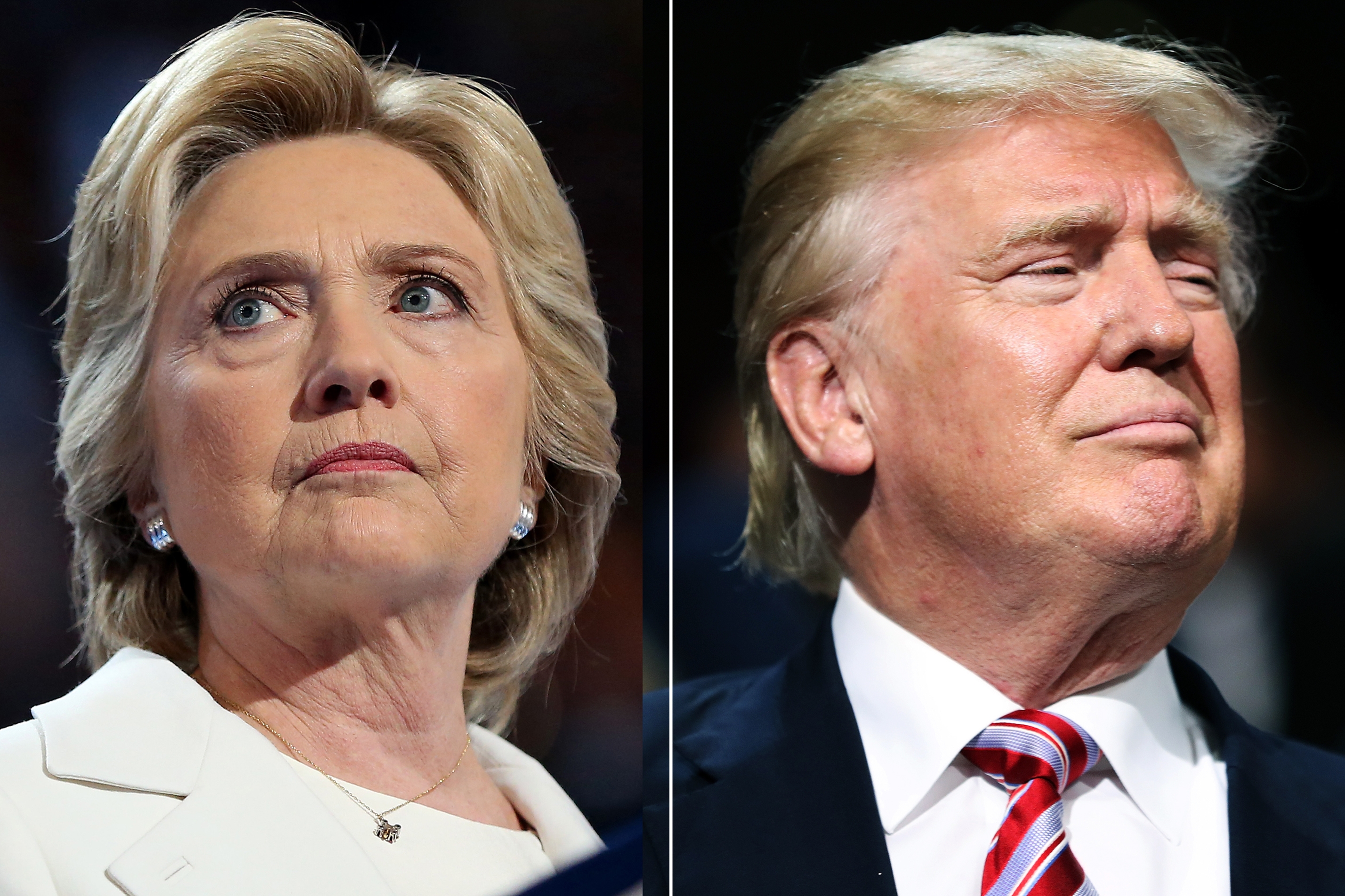 Hillary Clinton in Philadelphia, PA, on July 28, 2016 (L); Donald Trump in Cleveland, OH, on July 20, 2016.