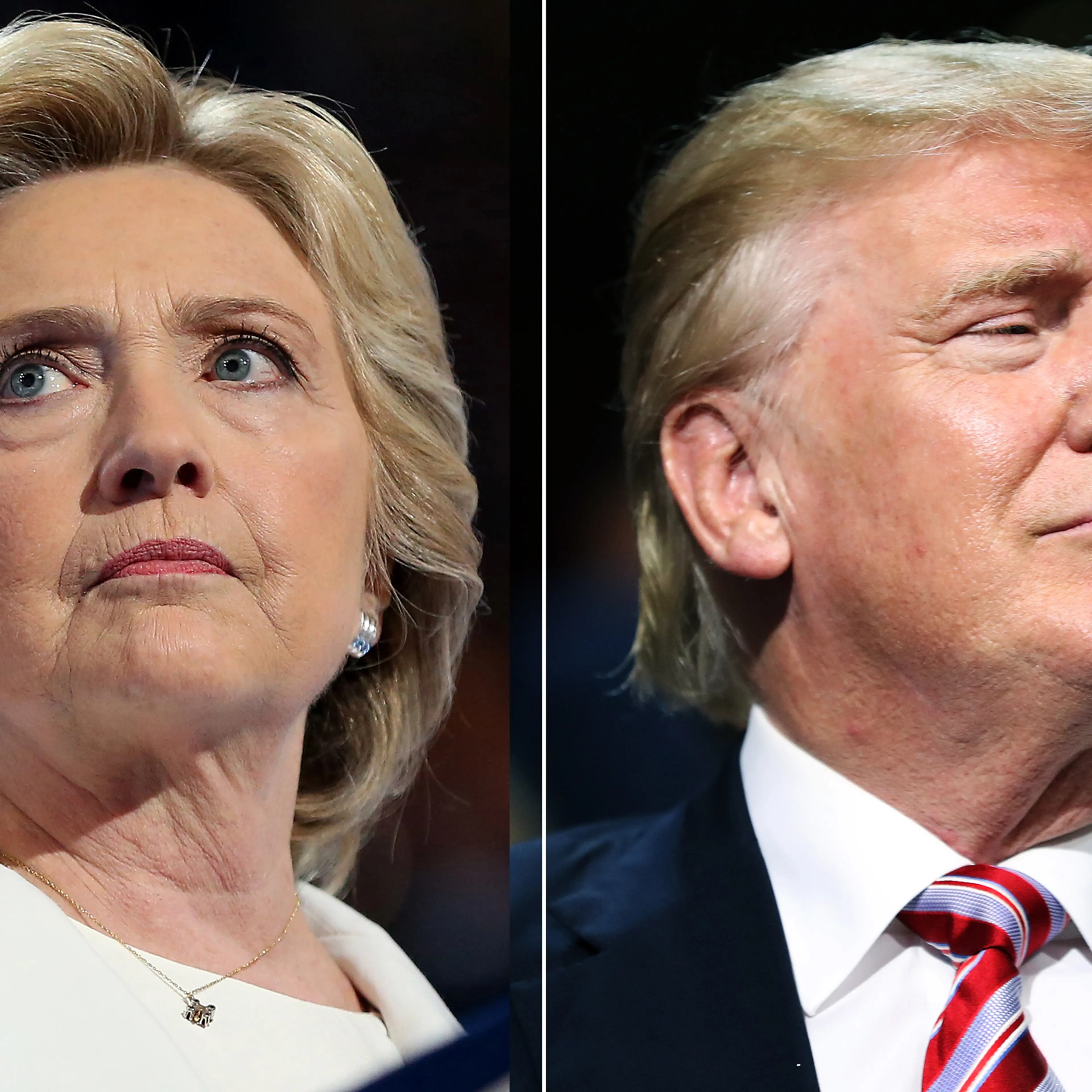Hillary Clinton in Philadelphia, PA, on July 28, 2016 (L); Donald Trump in Cleveland, OH, on July 20, 2016.