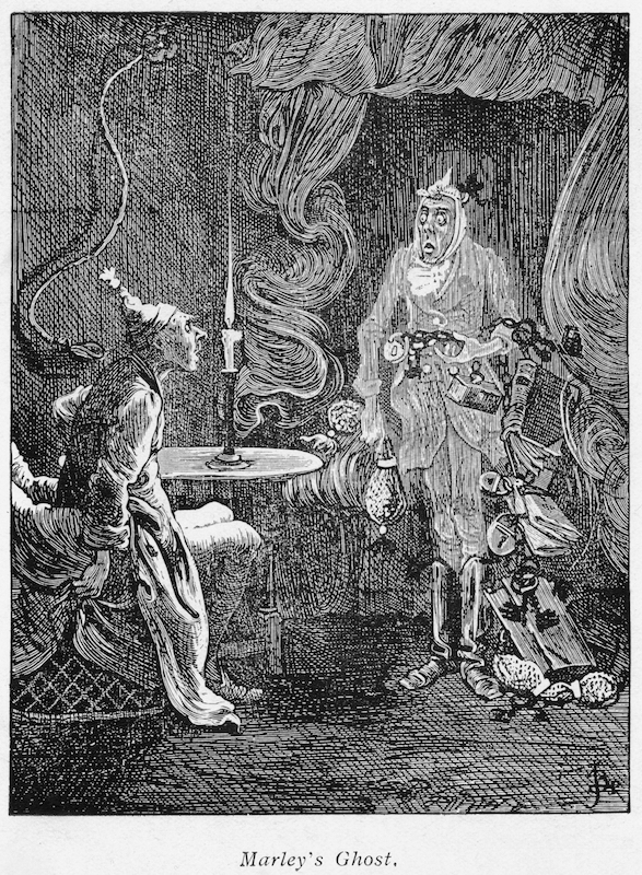 Marley's ghost appearing to Scrooge. Illustration for Charles Dickens (1812-1870) A Christmas Carol, London 1843-1844