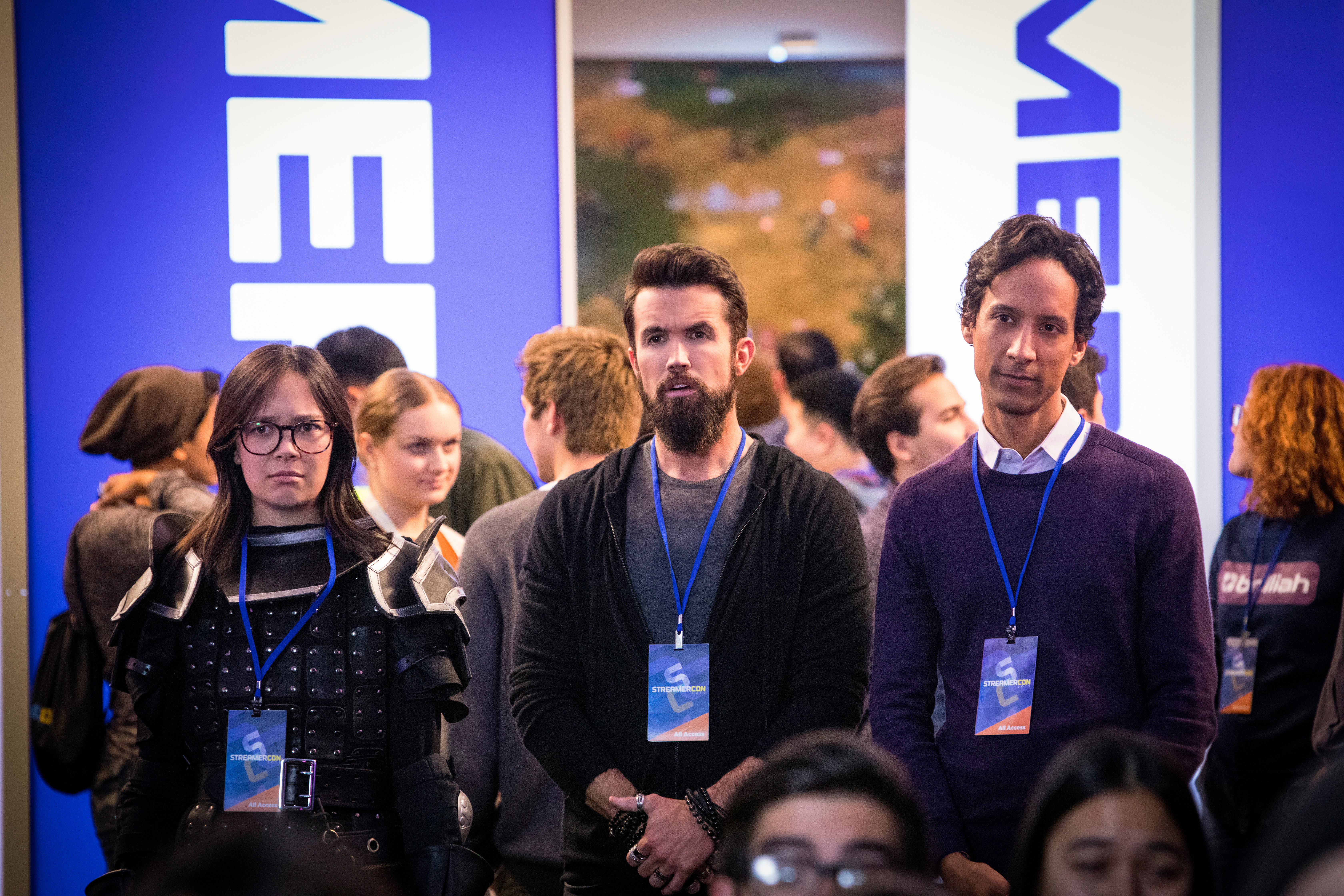 Charlotte Nicdao, Rob McElhenney and Danny Pudi in 'Mythic Quest: Raven’s Banquet'