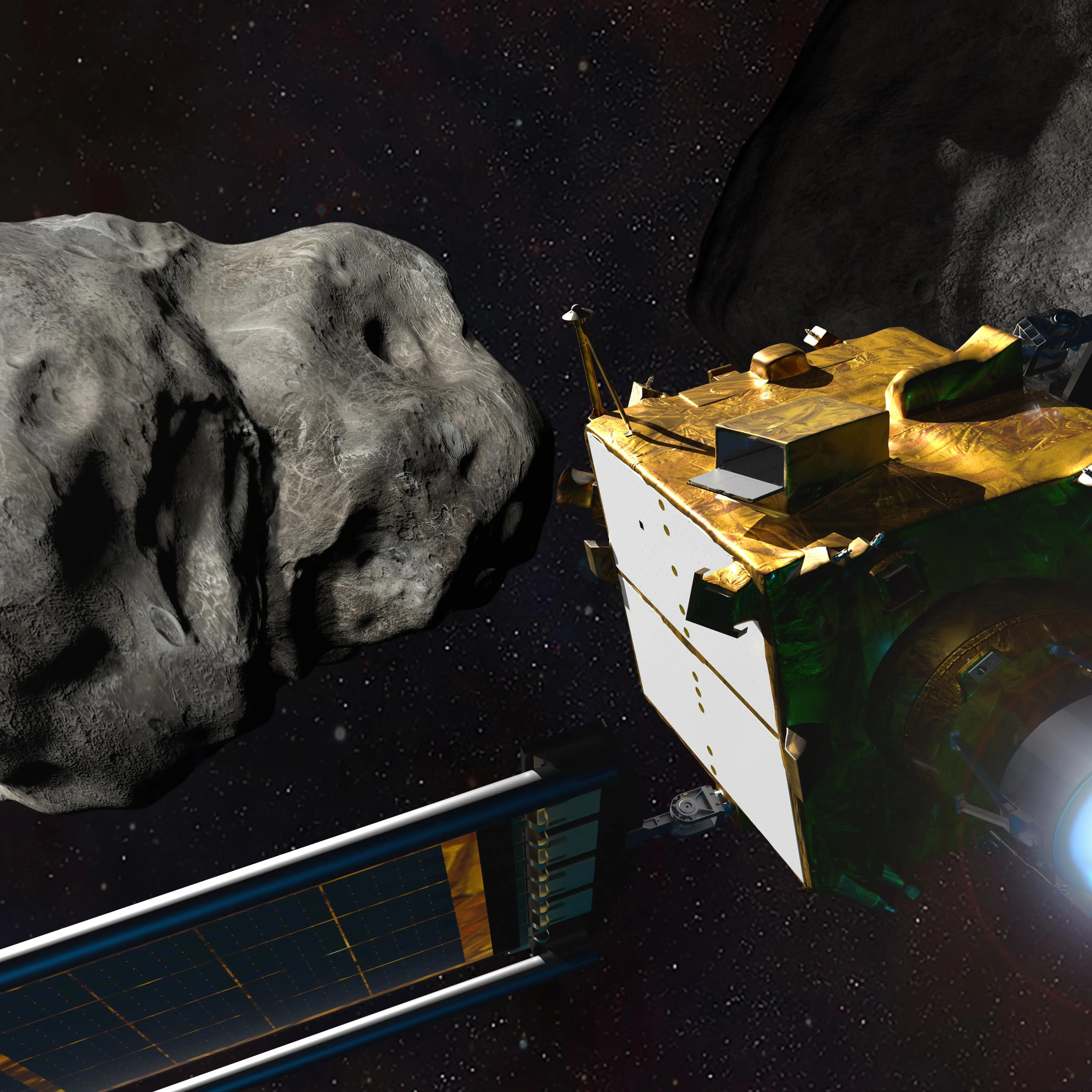 Artist's conception of the DART spacecraft approaching the Didymos system before deflecting the Dimorphos moonlet