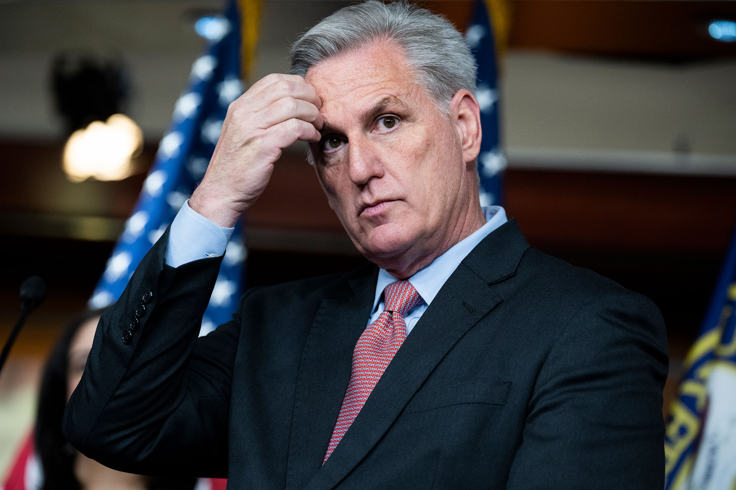 House Minority Leader Kevin McCarthy conducts a news conference with members of the House Republican Conference in Washington on Jan. 20, 2022.