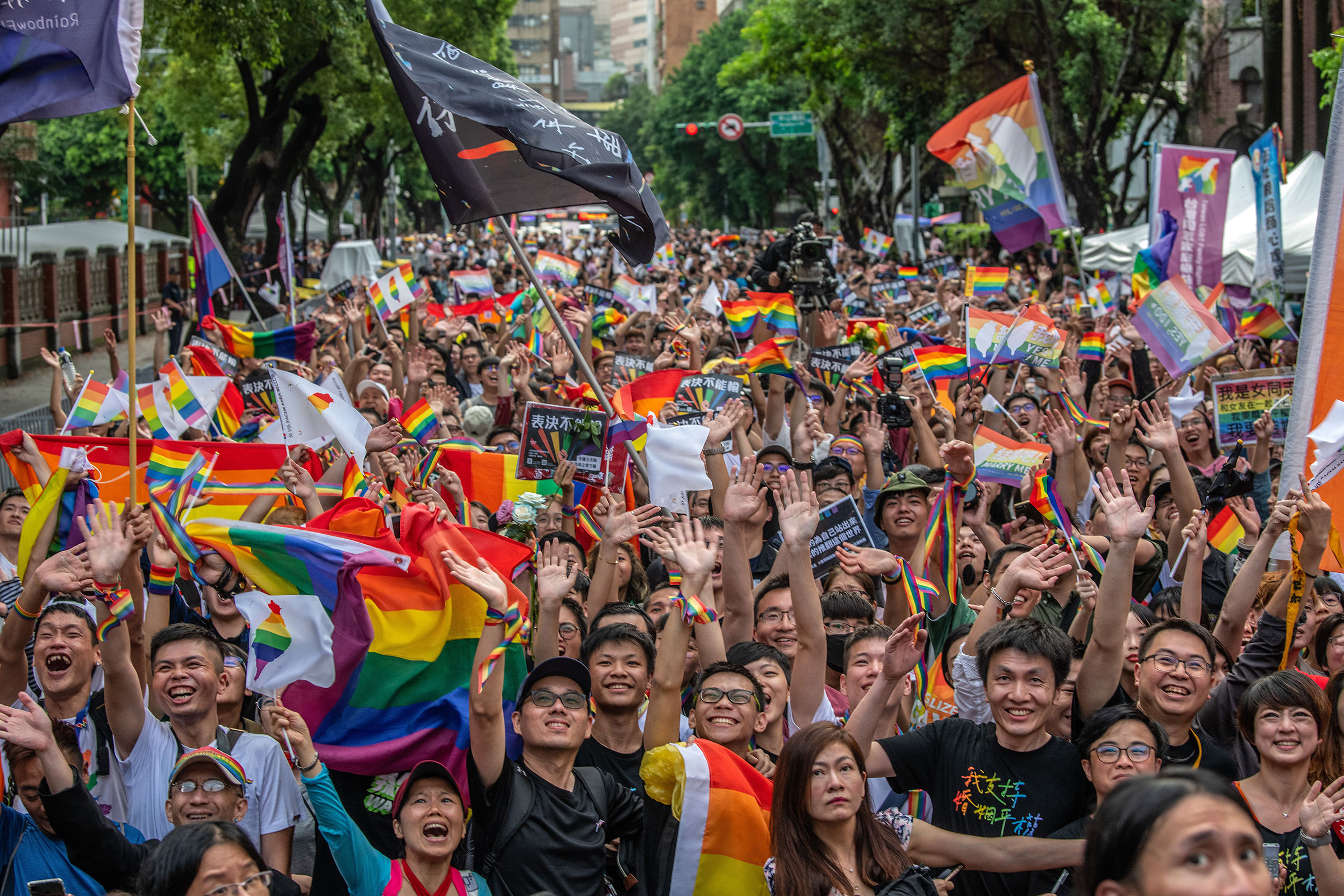 People celebrate after Taiwan's parliament voted to legalize same-sex marriage on May 17, 2019 in Taipei, Taiwan.