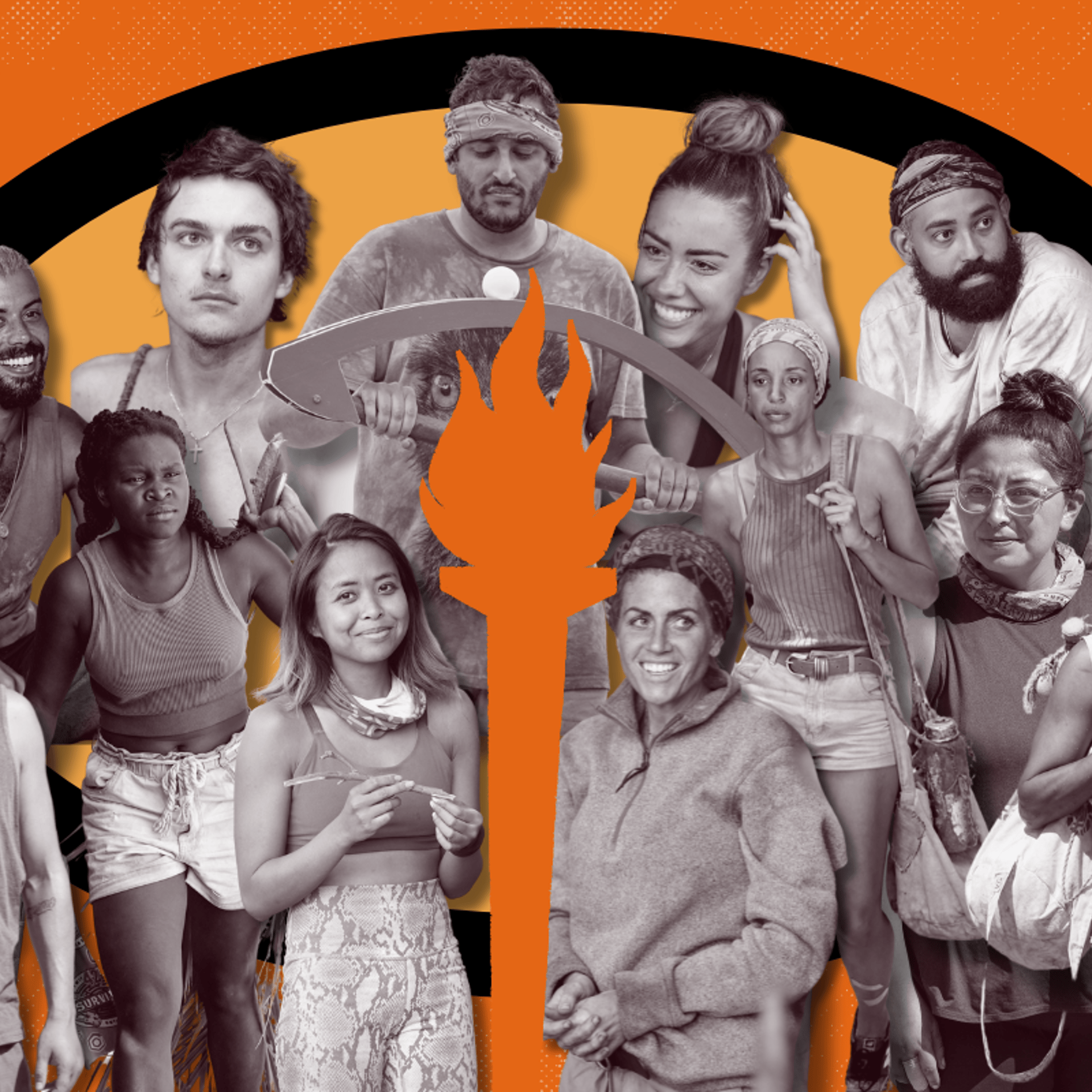A collage of contestants from the show survivor