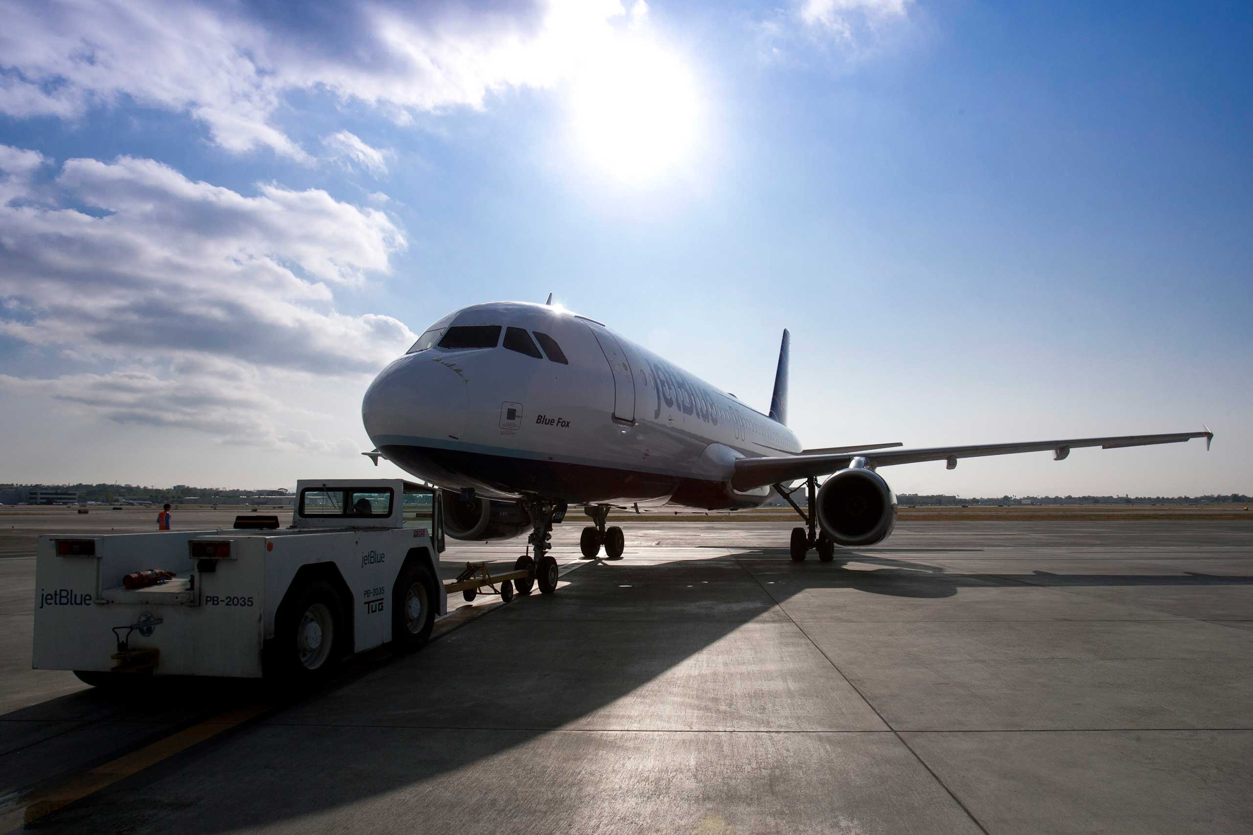 A JetBlue Airways Corp. plane prepares to take off from Long Beach Airport in Long Beach, Calif.