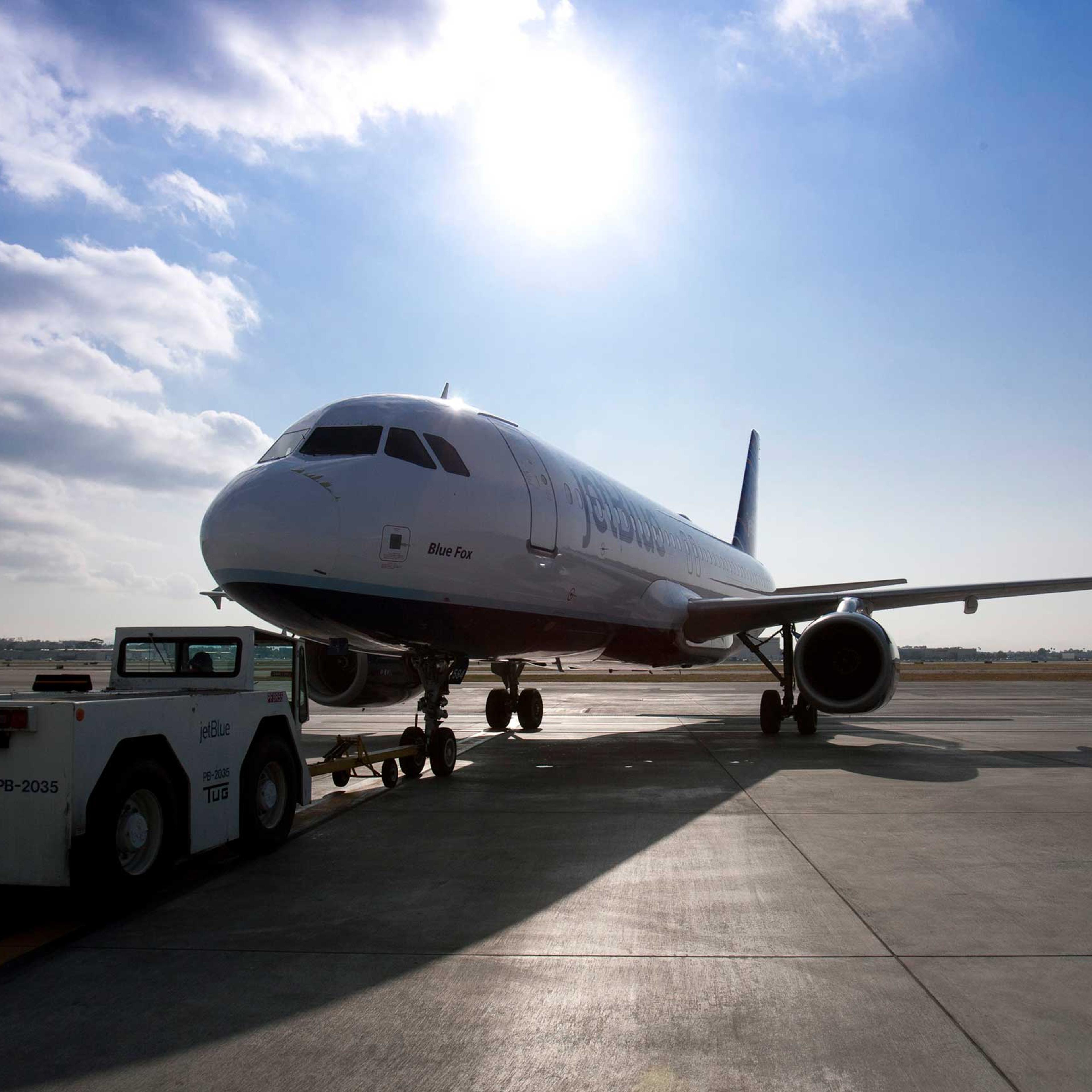 A JetBlue Airways Corp. plane prepares to take off from Long Beach Airport in Long Beach, Calif.