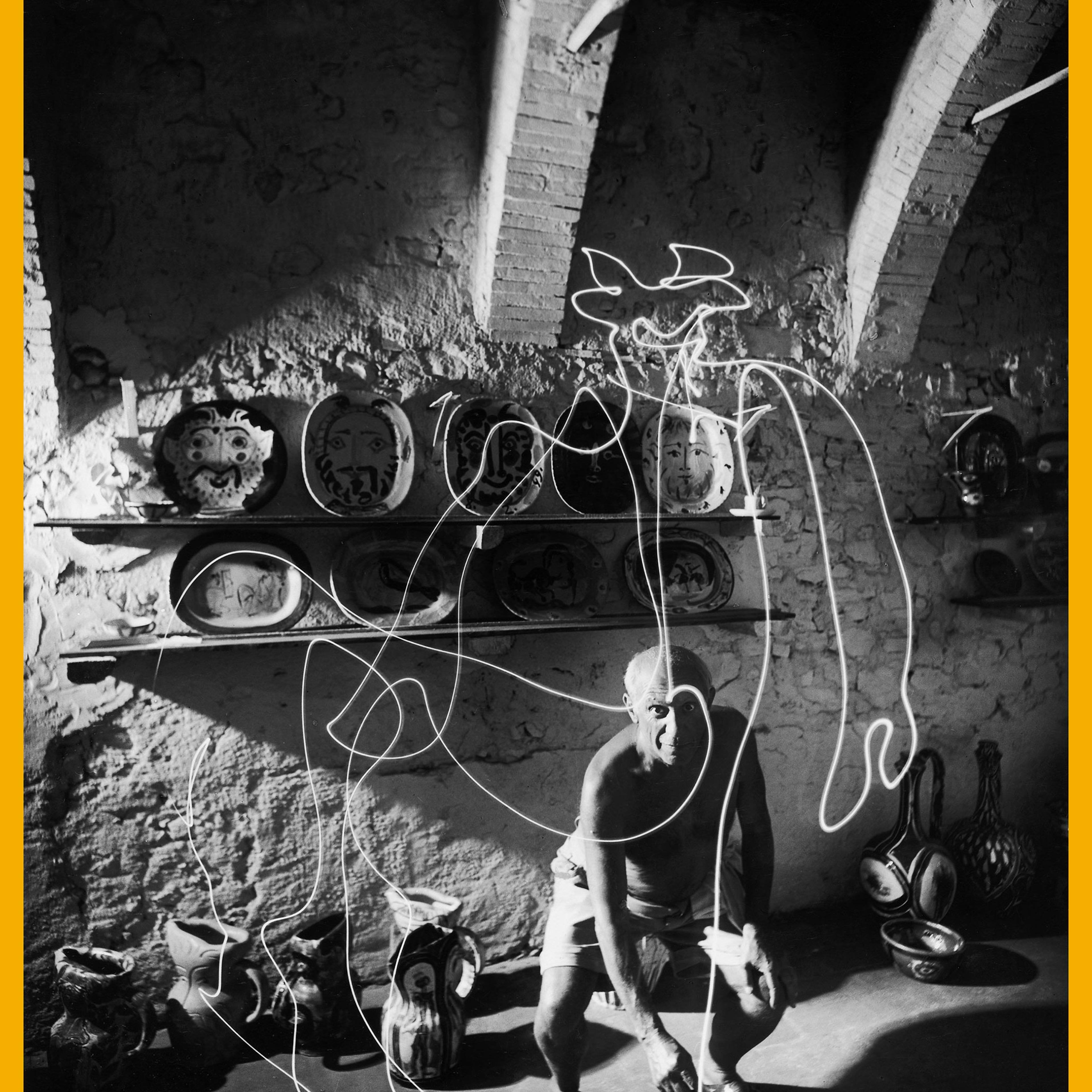 Pablo Picasso "draws" a centaur in the air with light, 1949.